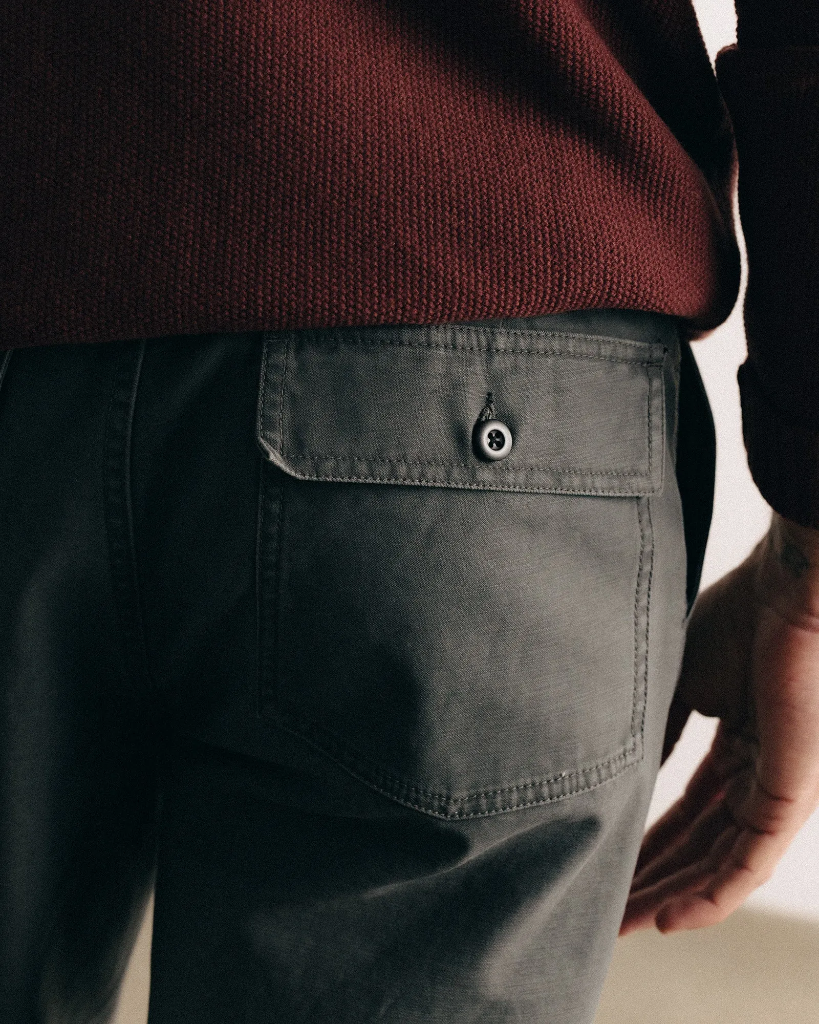 The Surplus Pant in Faded Black Reverse Sateen Snag Free Fabric Effortless Fit