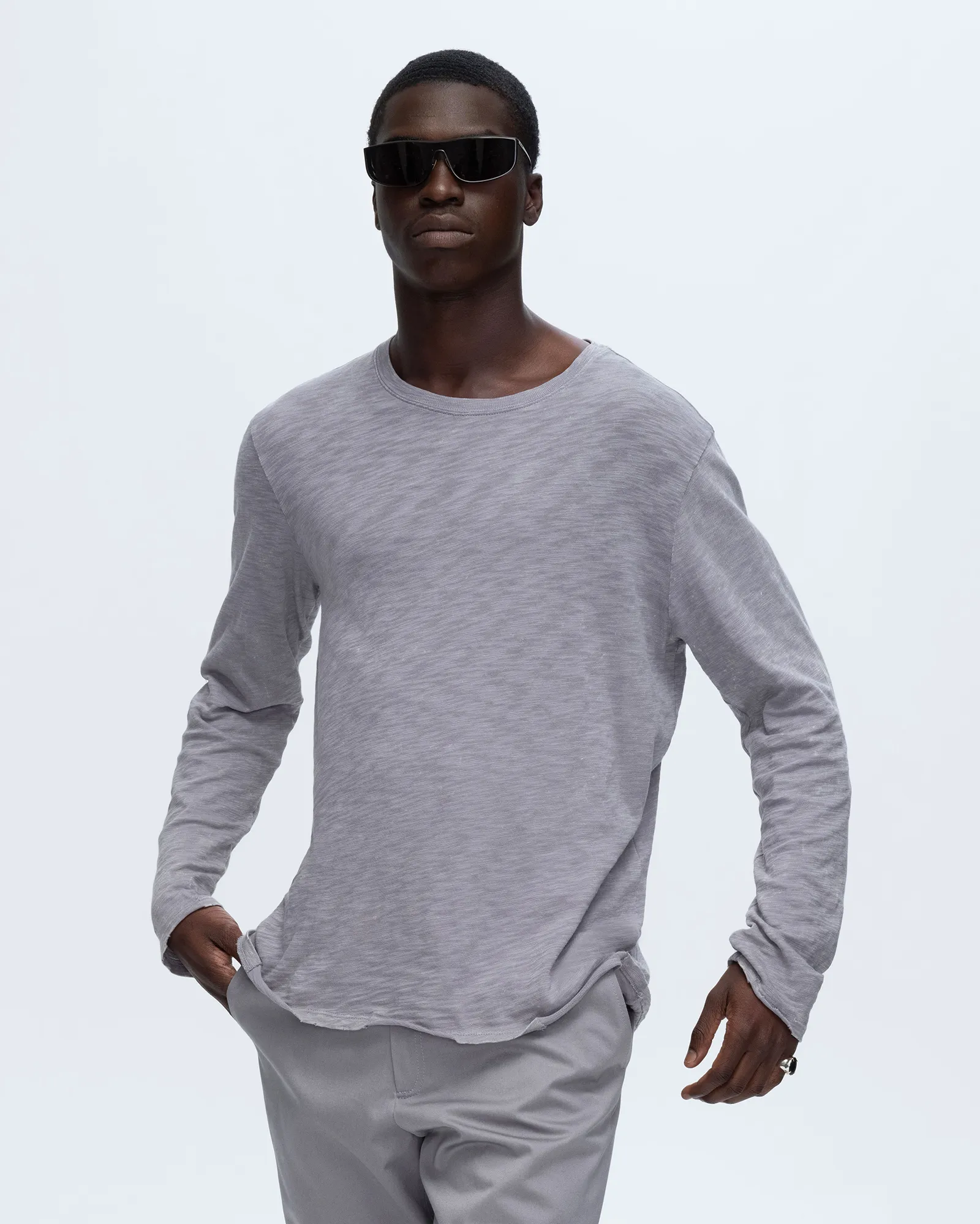 Non Irritating Seams weekday wear Slub Jersey Chroma Wash Long Sleeve Destroyed Wash Tee - Shark