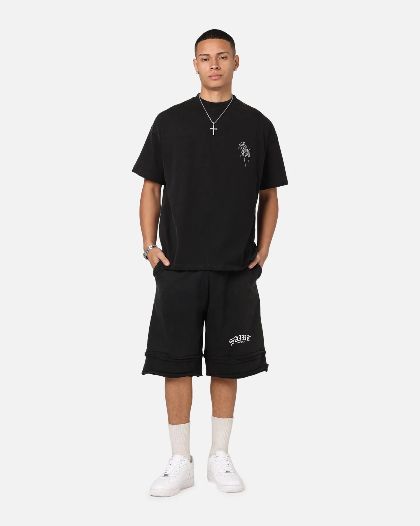 Saint Morta Gothic Layered Sweat Shorts Black Flexible Fabric Punk style