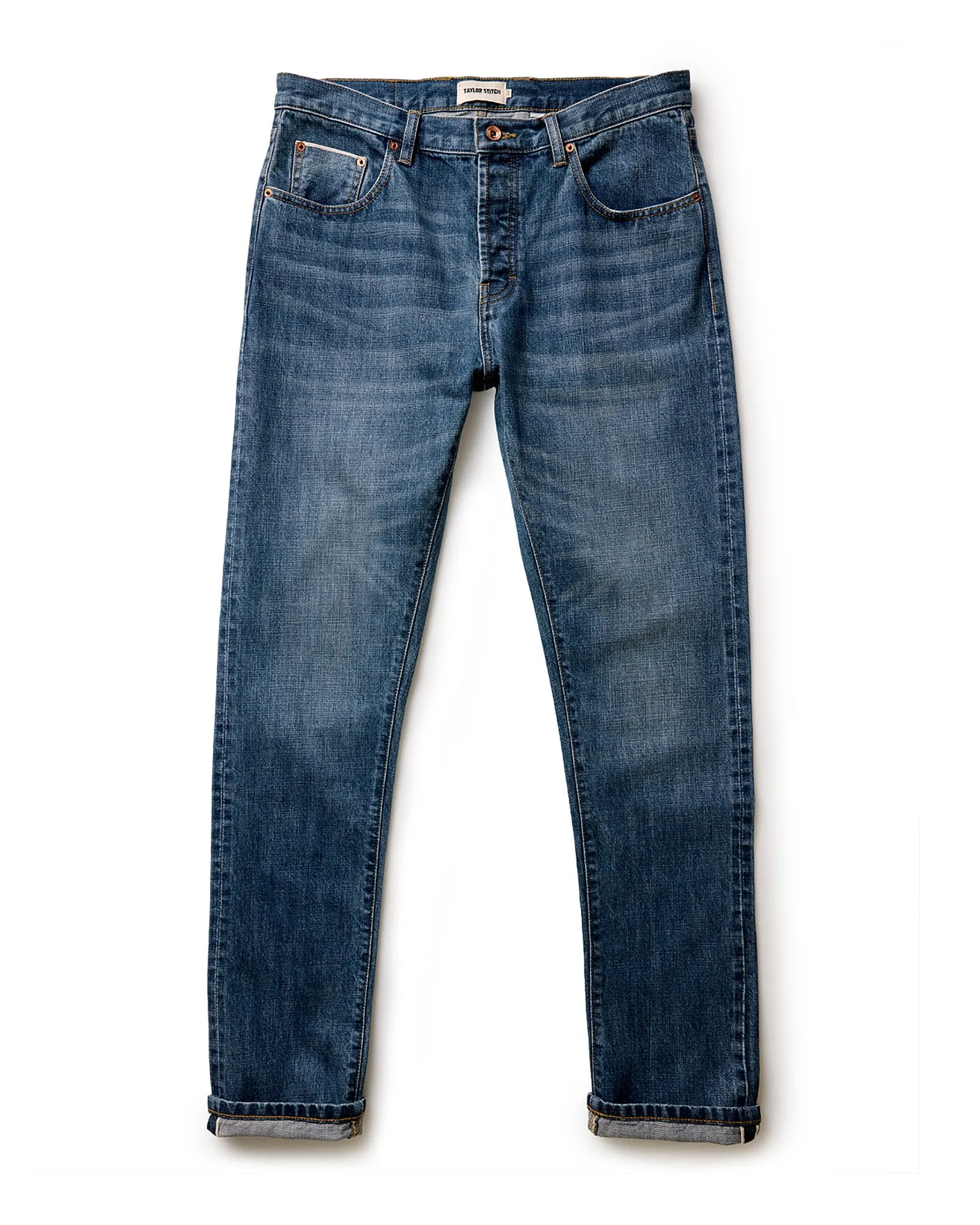 Non slip grip Non Restrictive The Slim Jean in Mid Wash Organic Selvedge