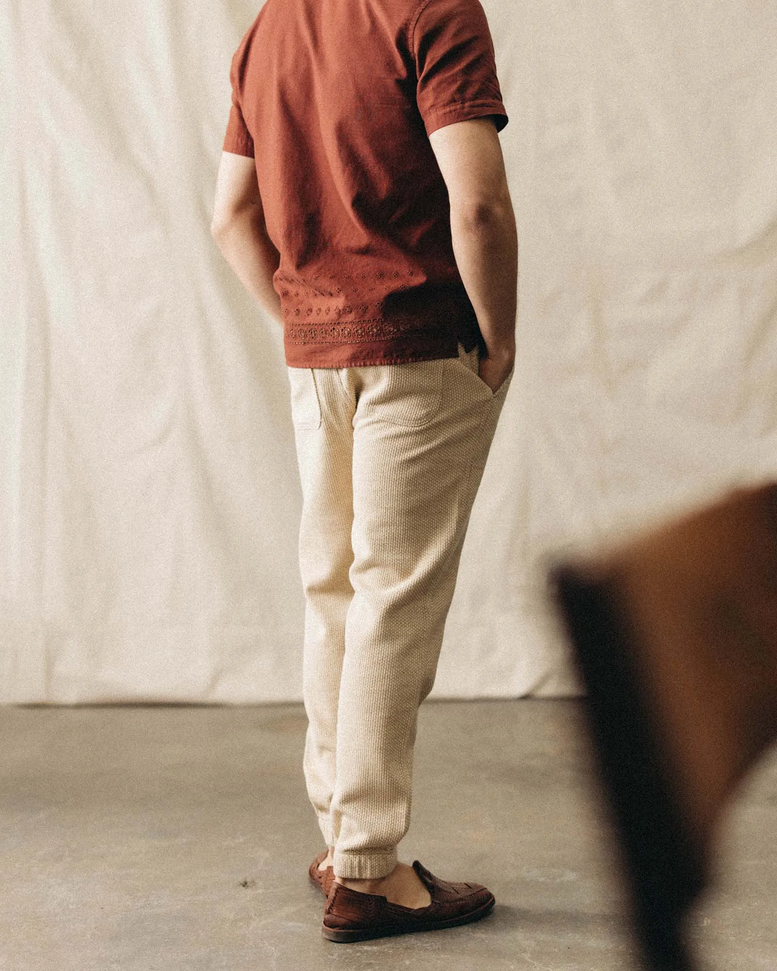 The Apres Pant in Natural Sashiko Moisture wicking Seamless construction