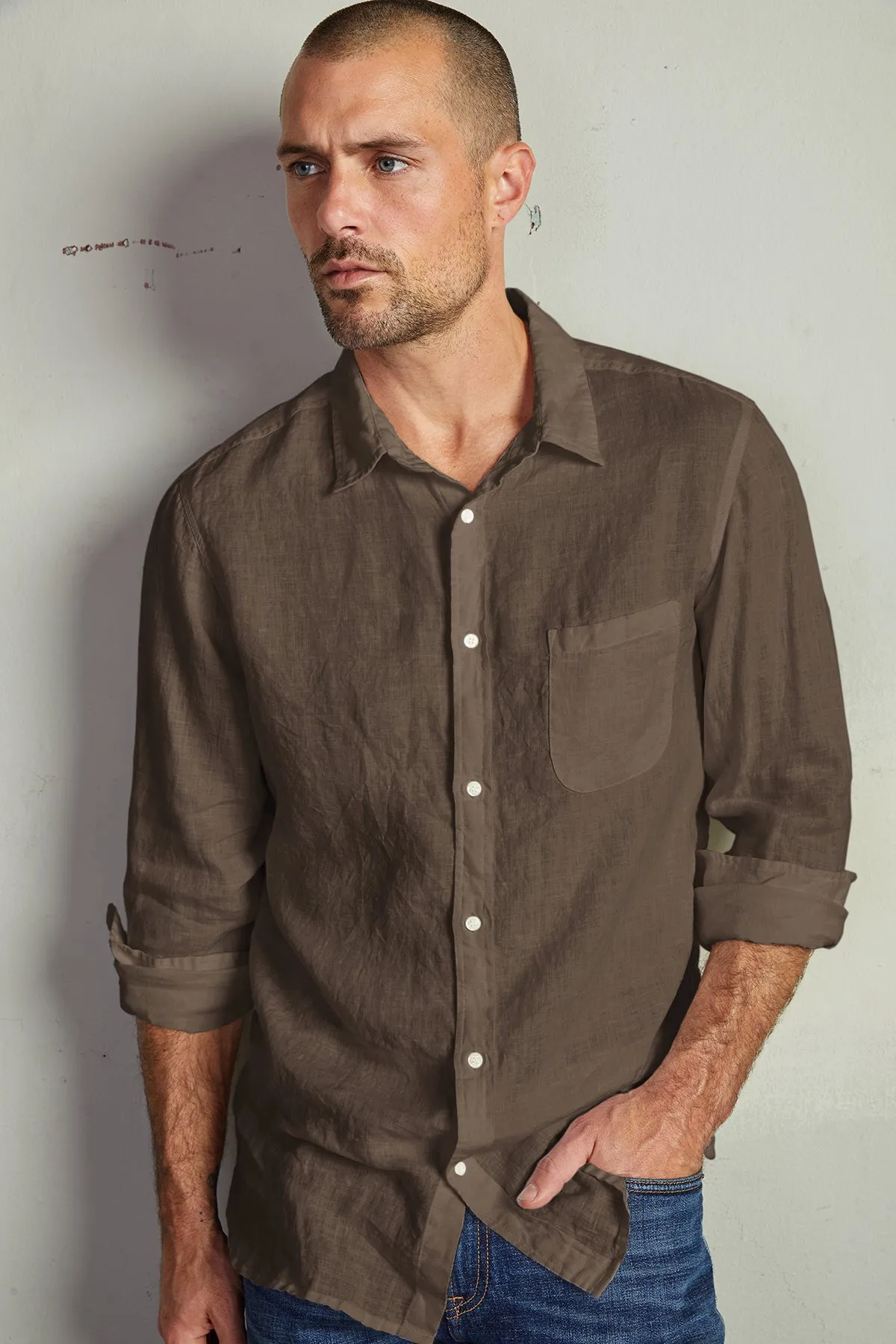 BENTON LINEN BUTTON-UP SHIRT Coffee Run