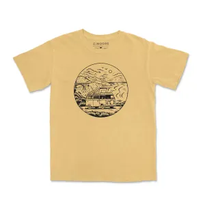 Travel Ready stain resistant coating Big Sur VW Bus Tee-Vintage Mustard