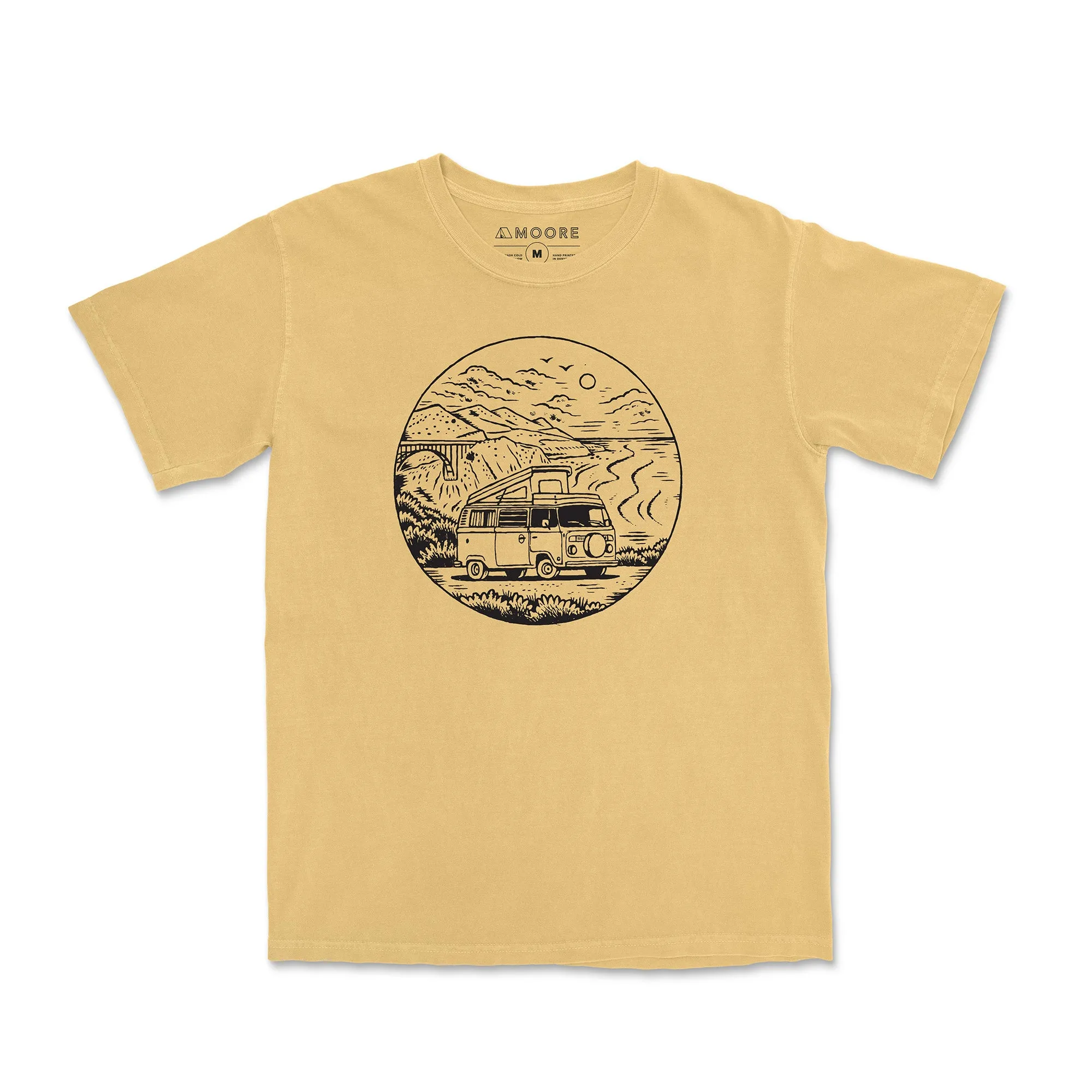 Travel Ready stain resistant coating Big Sur VW Bus Tee-Vintage Mustard