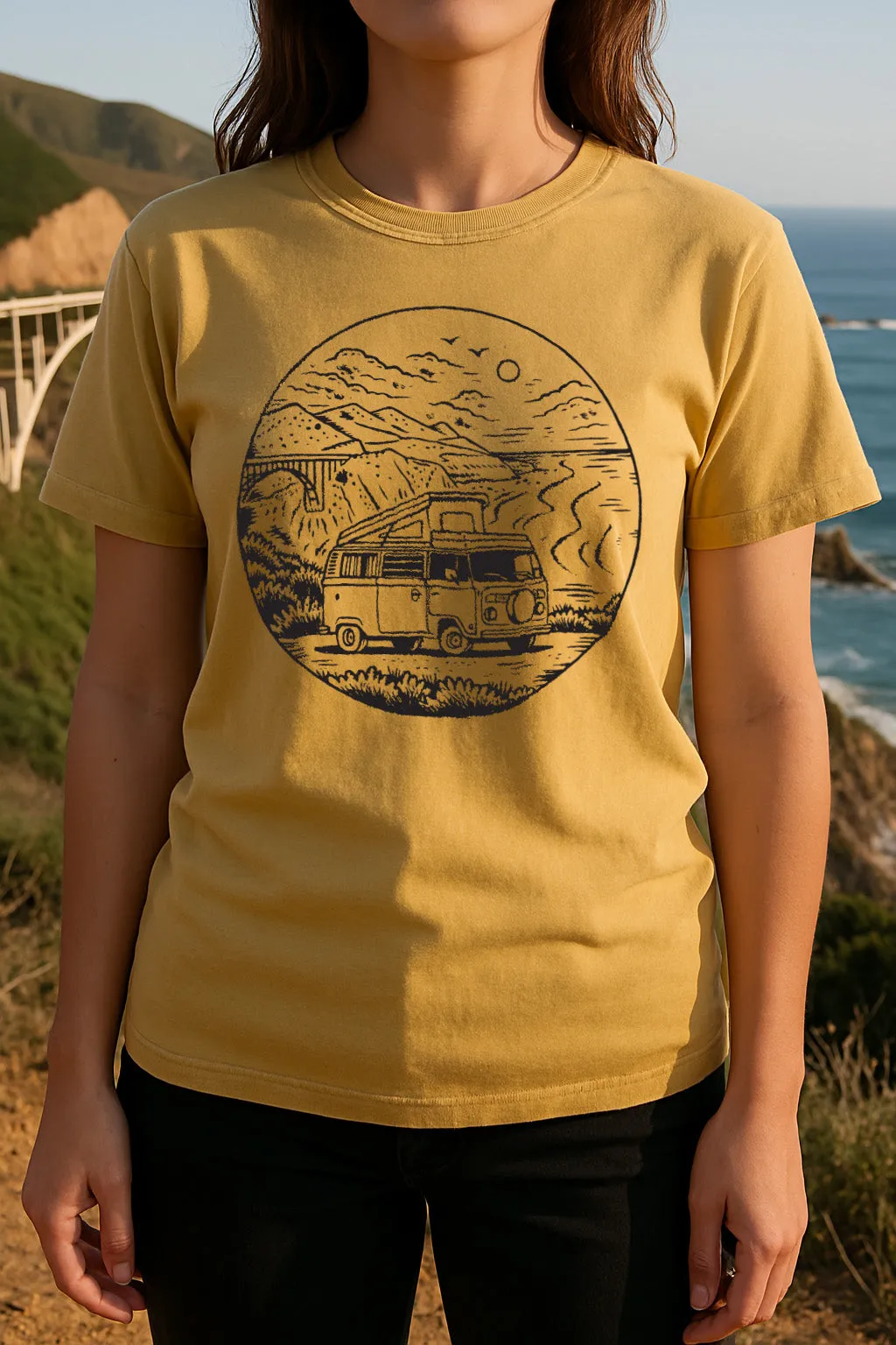 Cold Wash Optimized UPF Rated Fabric Big Sur VW Bus Tee-Vintage Mustard