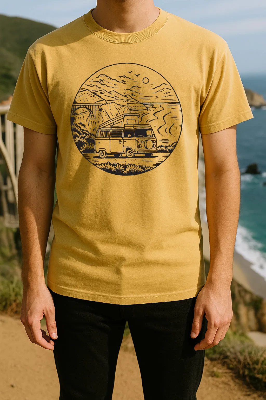 Big Sur VW Bus Tee-Vintage Mustard Casual Design Fit