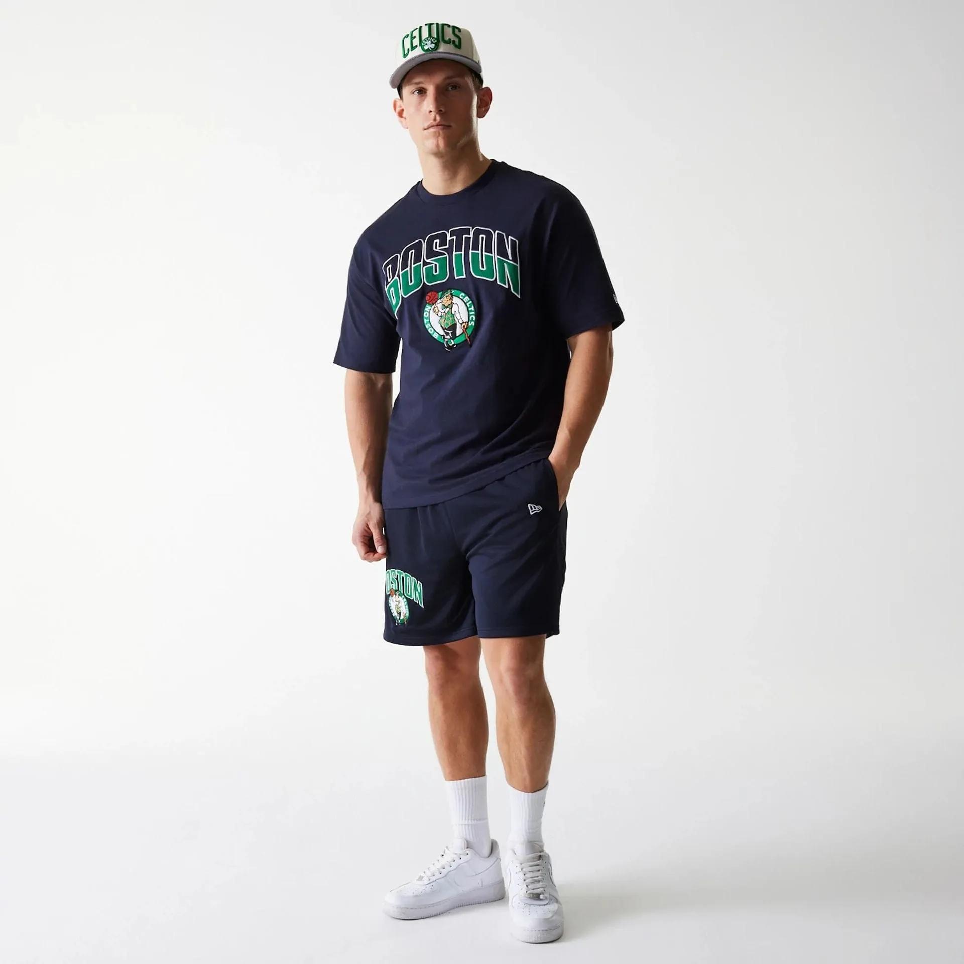 Breathable fabric Recycled Elastic Trim Boston Celtics NBA Arch Graphic Navy Mesh Shorts