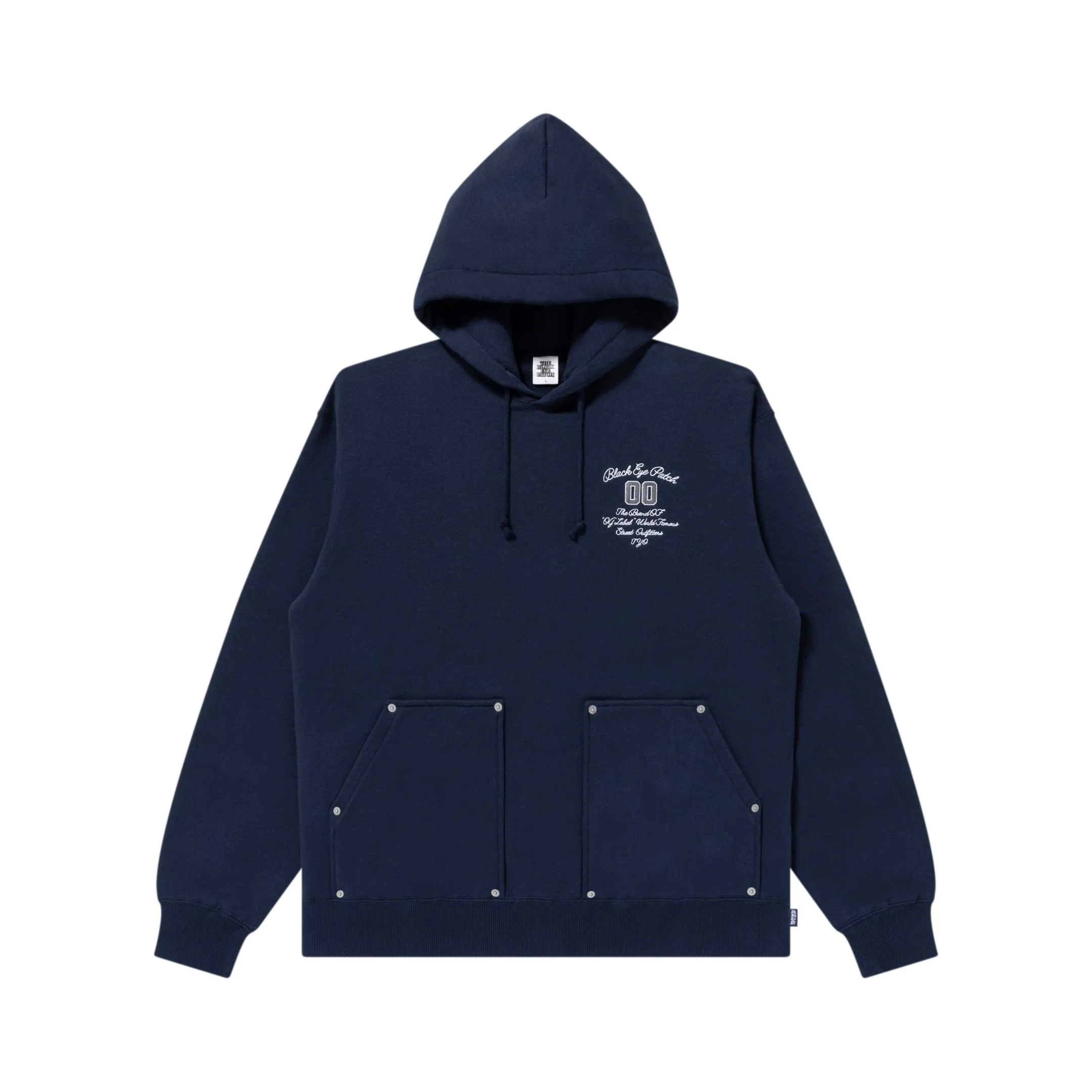 Trendy Top Relaxed Fashion BRAND STATEMENT DOUBLE POCKET HOODIE NAVY