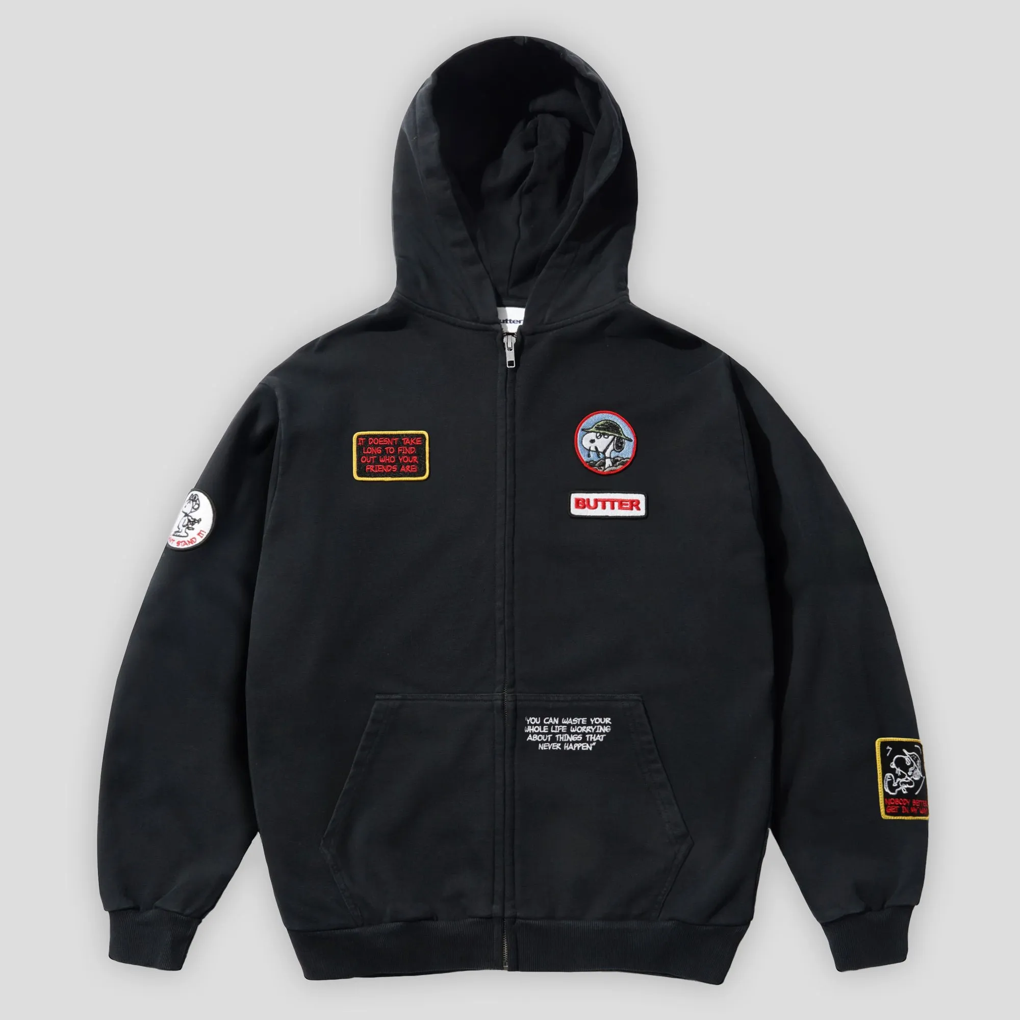Butter Goods Patches Zip-Thru Hood - Washed Black Adjustable lacing