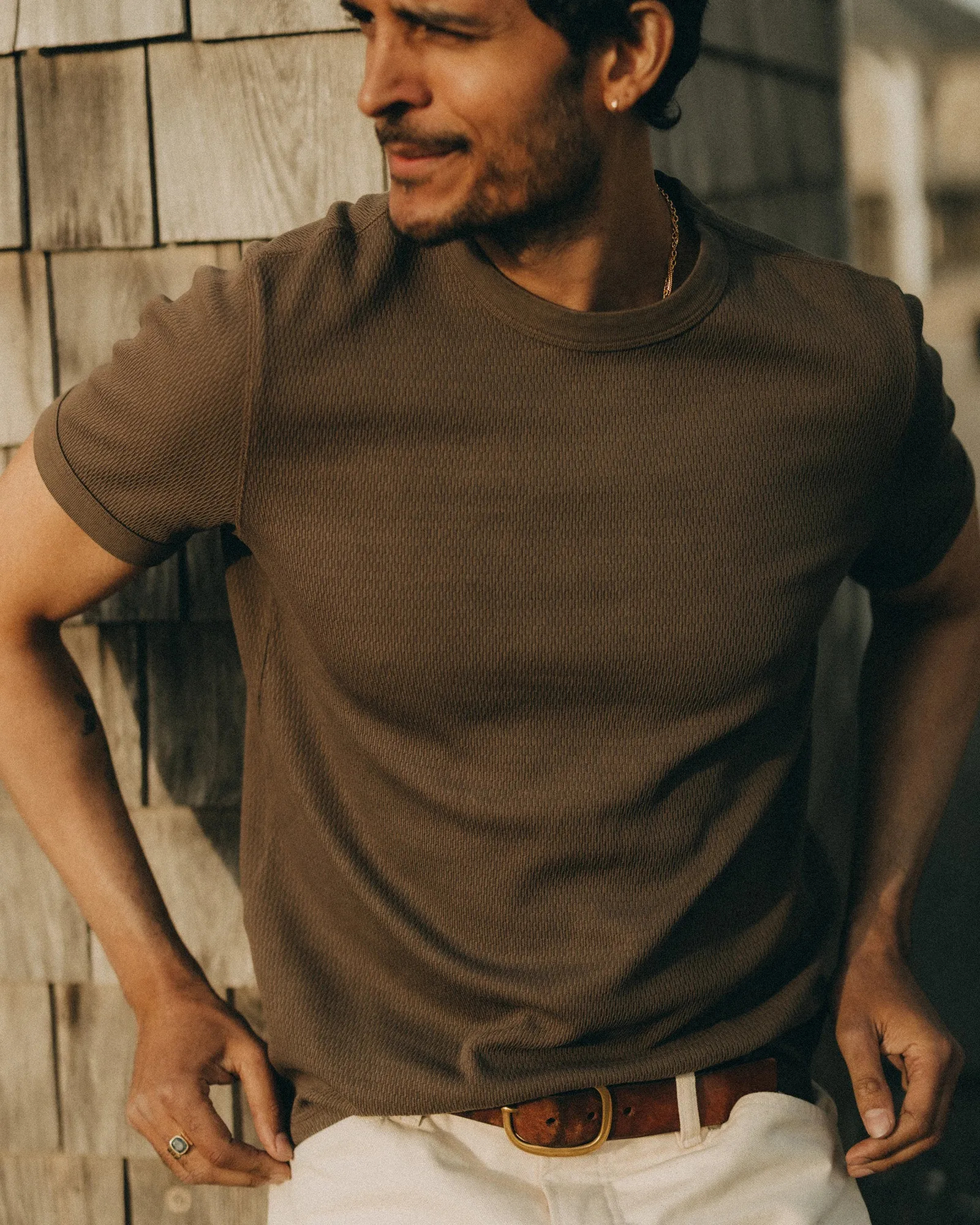 Flexible Cuff Design The Organic Cotton Short Sleeve Crew in Fatigue Olive Waffle