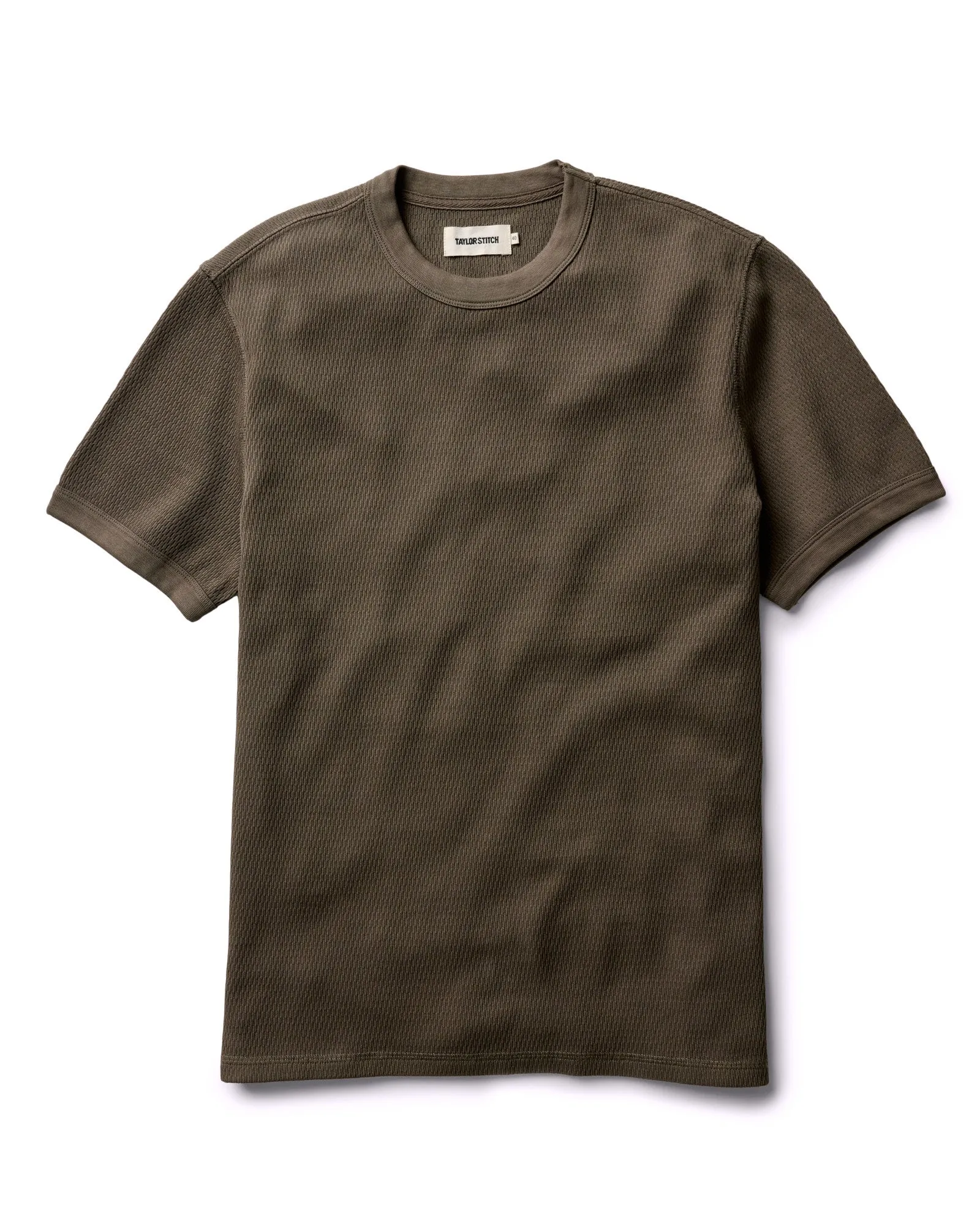 The Organic Cotton Short Sleeve Crew in Fatigue Olive Waffle Seam Free Edging Fresh Outfit