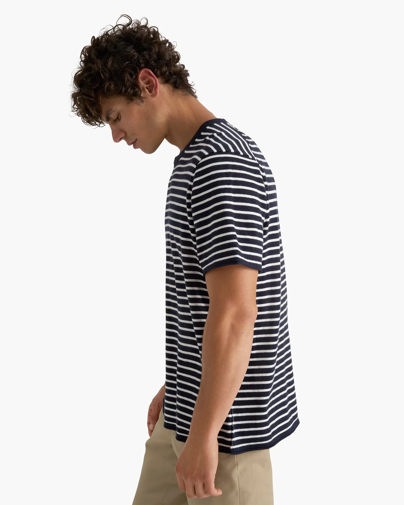 Quick Drying Cotton Cashmere Striped Crew Neck Tee  -  Midnight Chalk