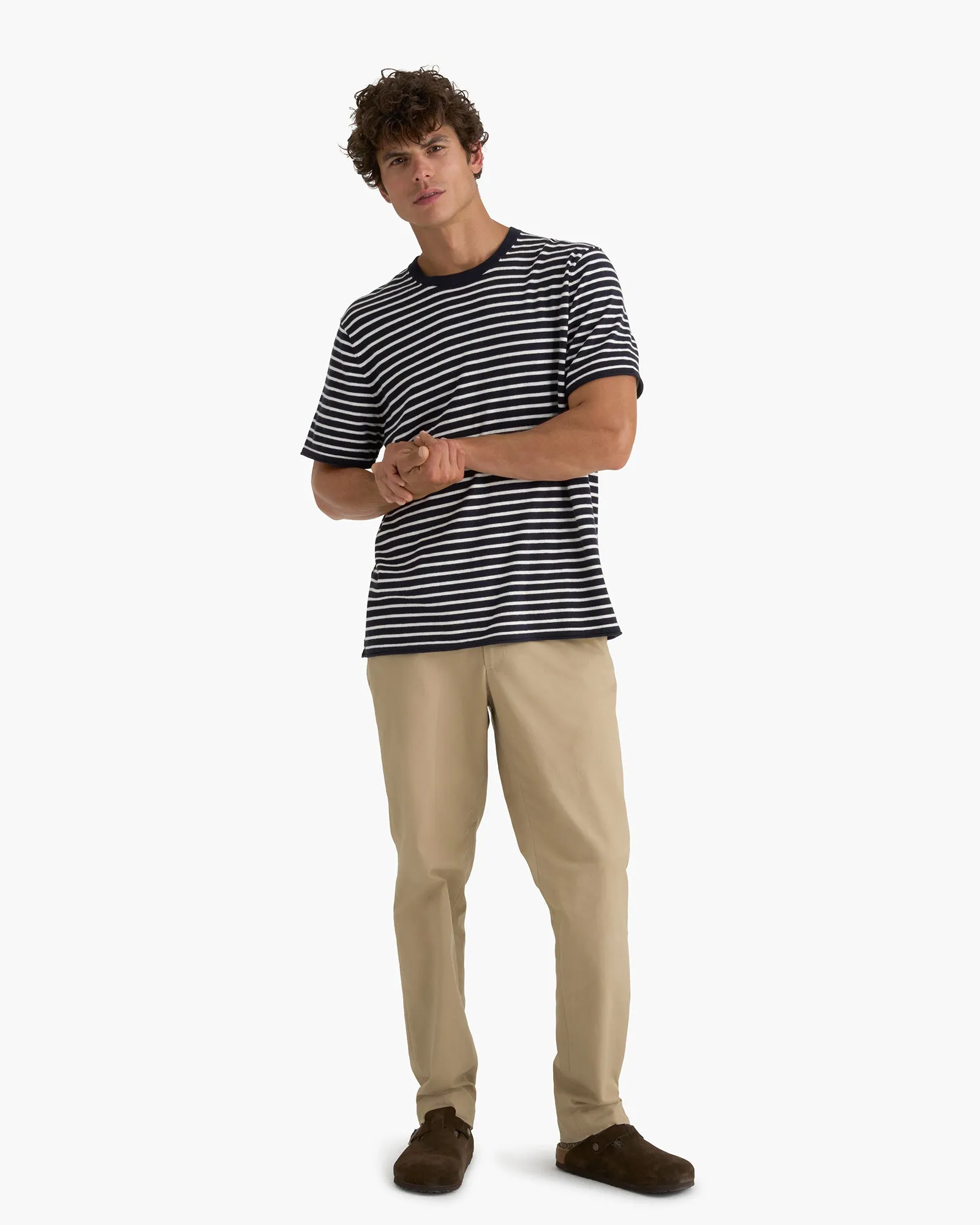 Cotton Cashmere Striped Crew Neck Tee  -  Midnight Chalk Effortless Wear