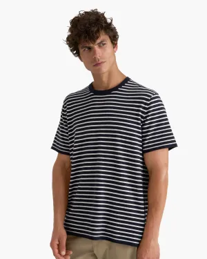 Cotton Cashmere Striped Crew Neck Tee  -  Midnight Chalk Lightweight Wear Quick Fit Design