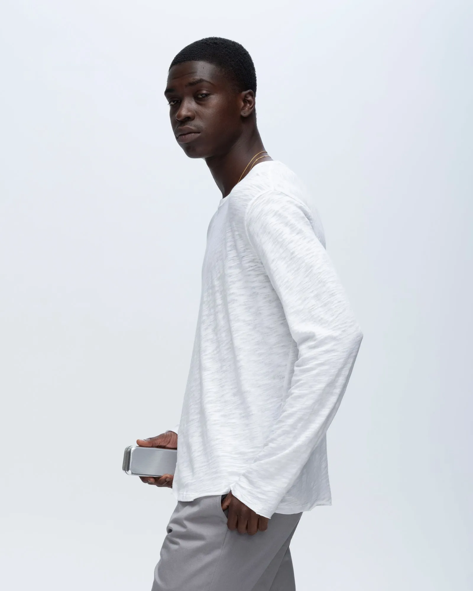 Comfortable Layer Performance Wear Fit Slub Jersey Long Sleeve Destroyed Wash Tee - White