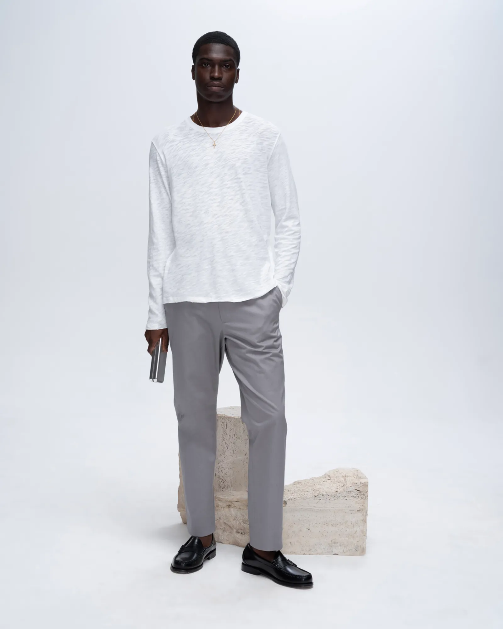 Sustainable Textile Slub Jersey Long Sleeve Destroyed Wash Tee - White