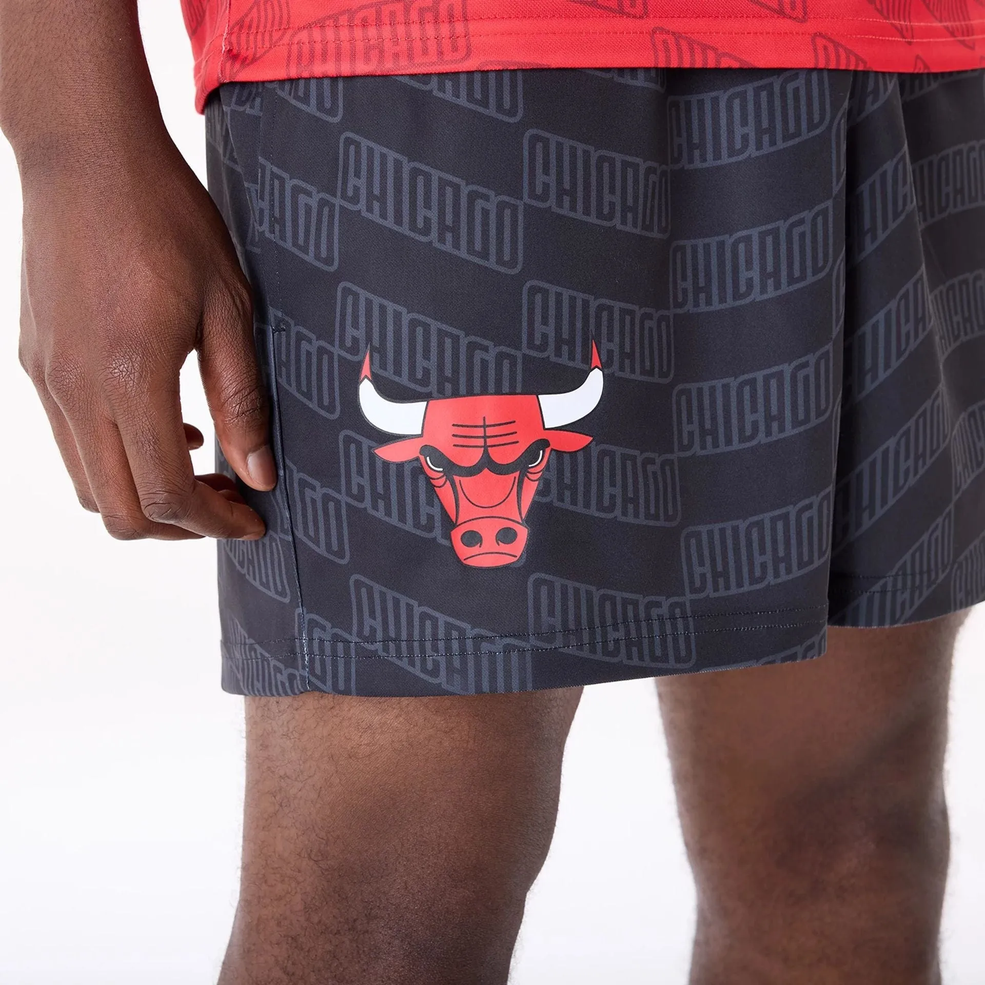 Chicago Bulls NBA All Over Print Graphic Black Shorts Wrinkle Free Weave