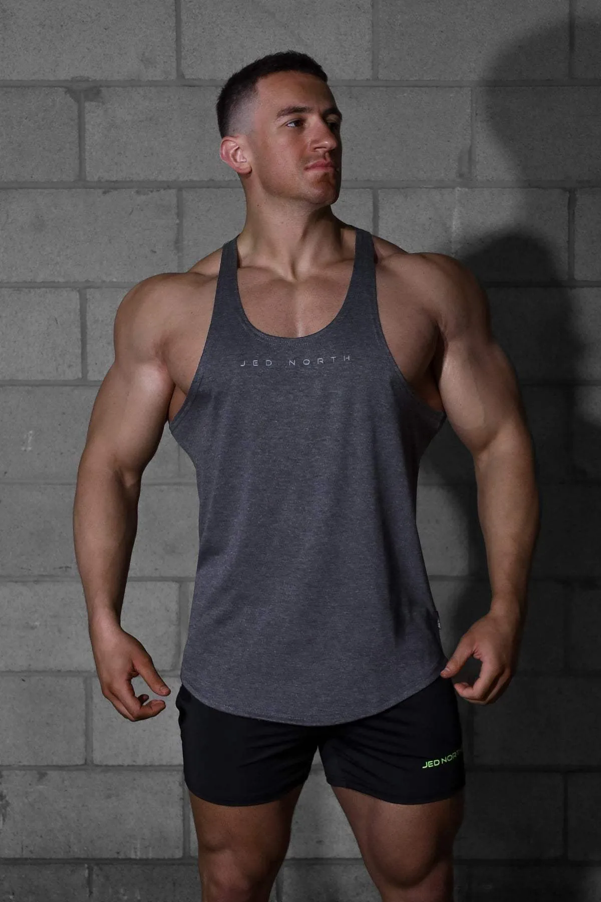Classic Bodybuilding Racerback Stringer - Heather Gray Taped Seams oil storage