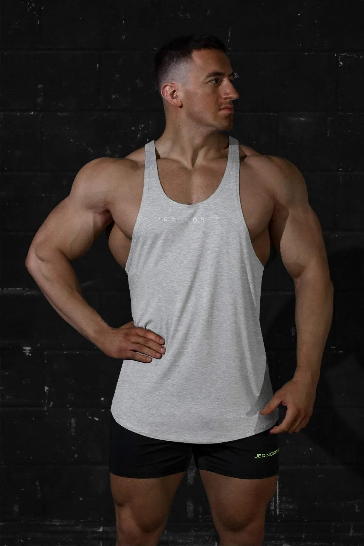 Low Profile Collar Tensile Ready Fabric Classic Bodybuilding Racerback Stringer - Light Gray
