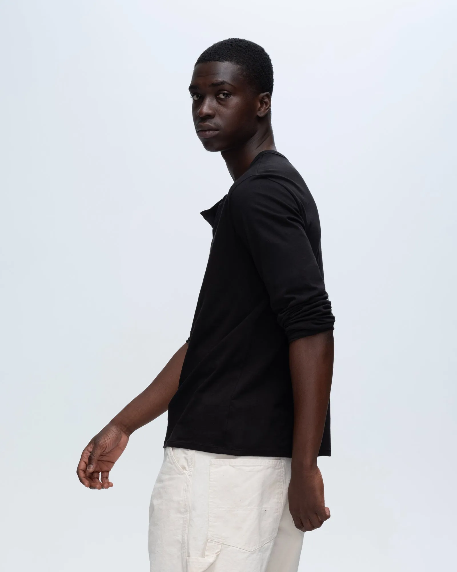 Classic Jersey Long Sleeve Henley - Black Boat Neck Light Casual