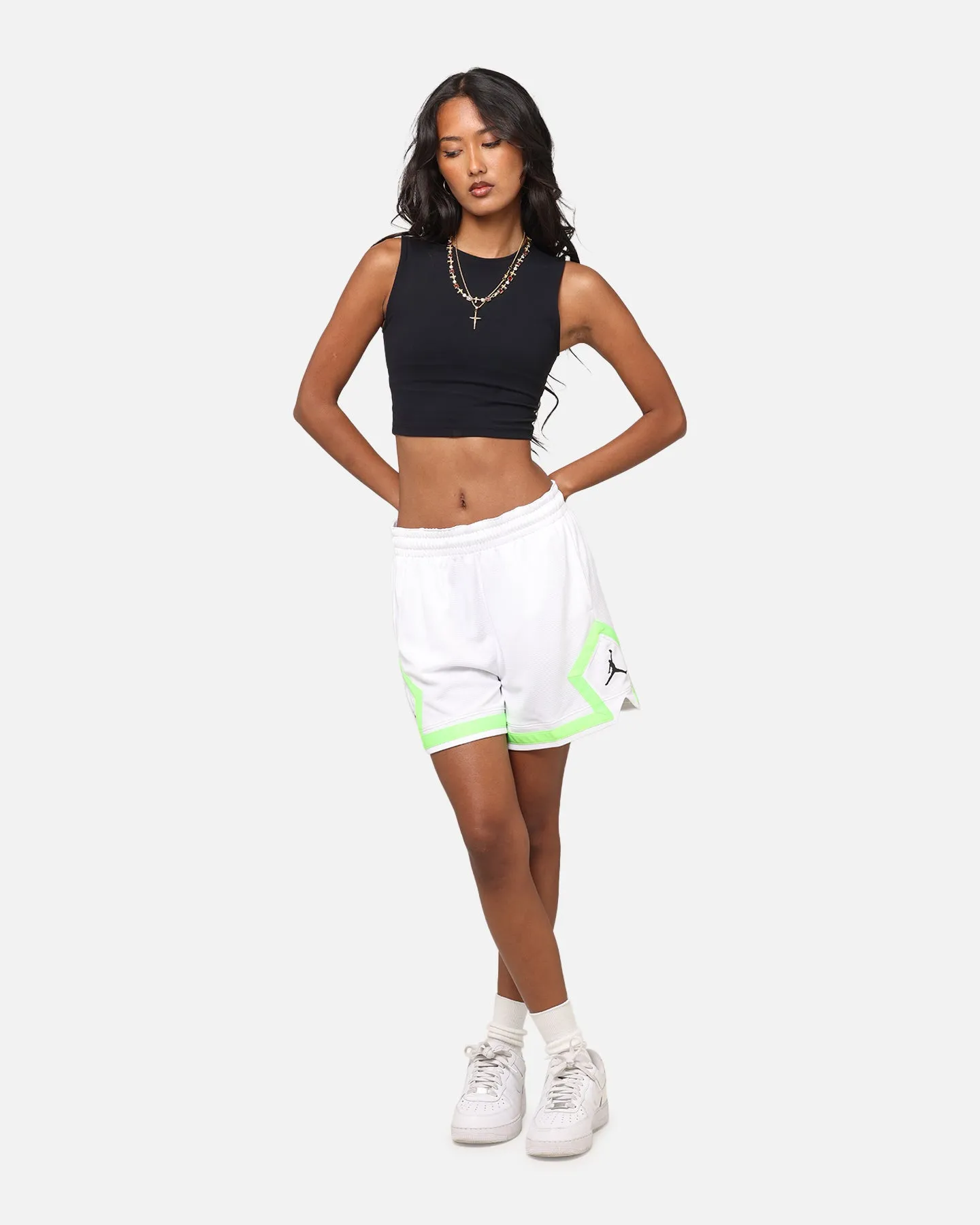 fade resistant color kids Jordan Women's Dr-FIT 4" Sport Diamond Shorts White/White/Green