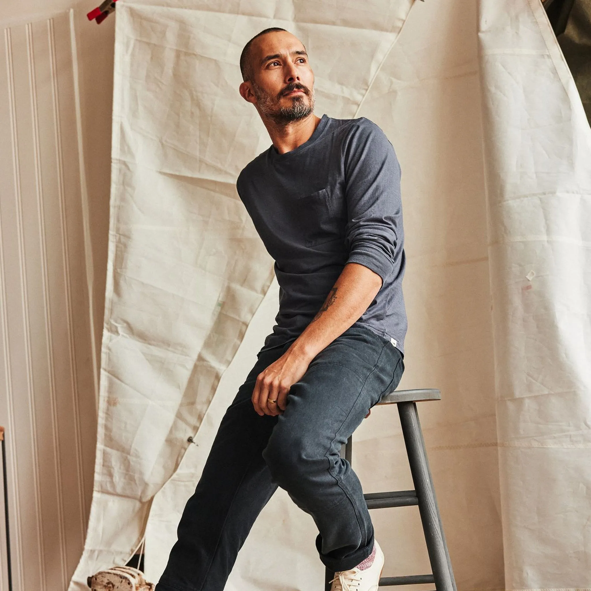 Comfy Performance Wear Quick Slip The Cotton Hemp Long Sleeve Tee in Navy