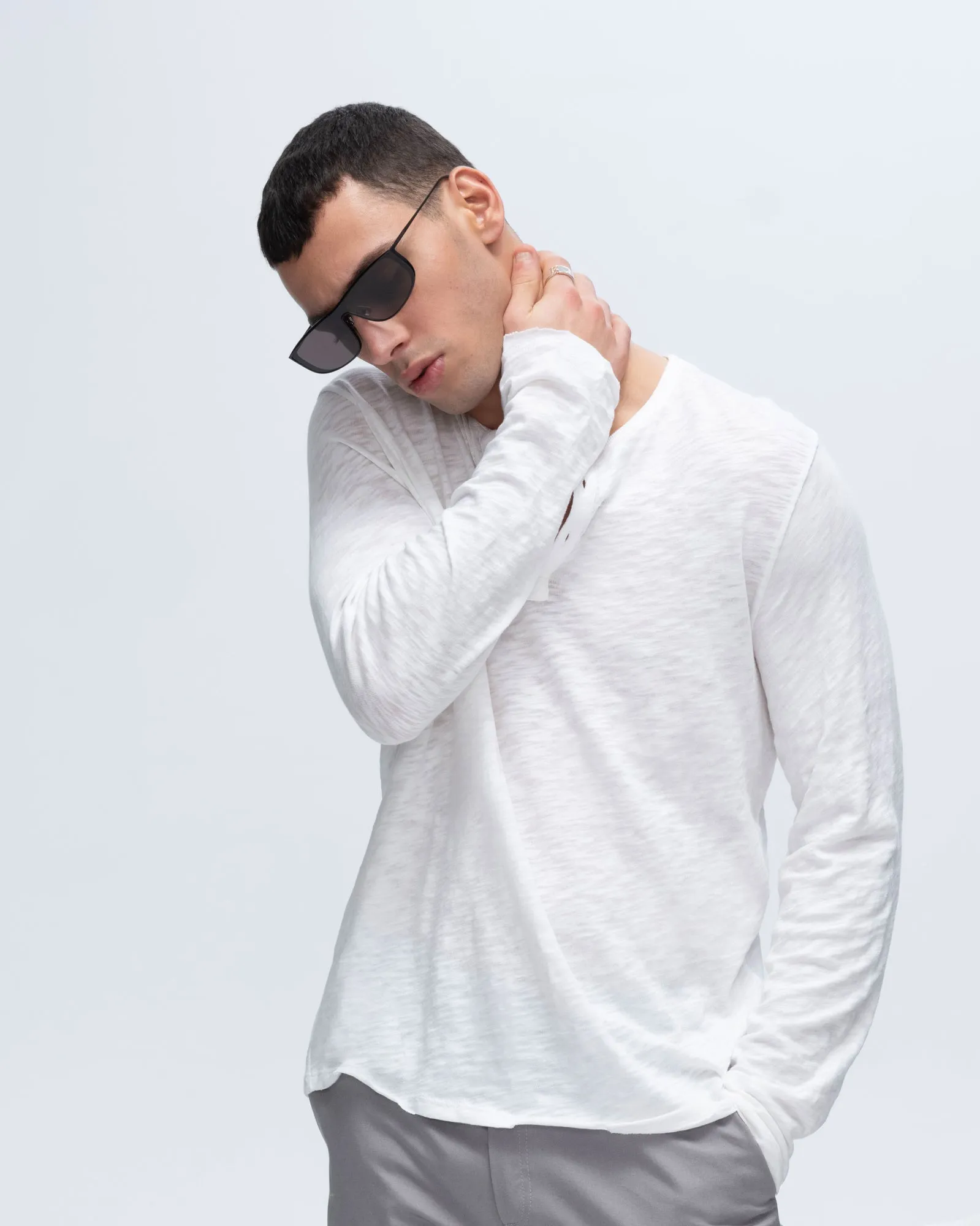 Christmas Slub Jersey Destroyed Wash Henley - White