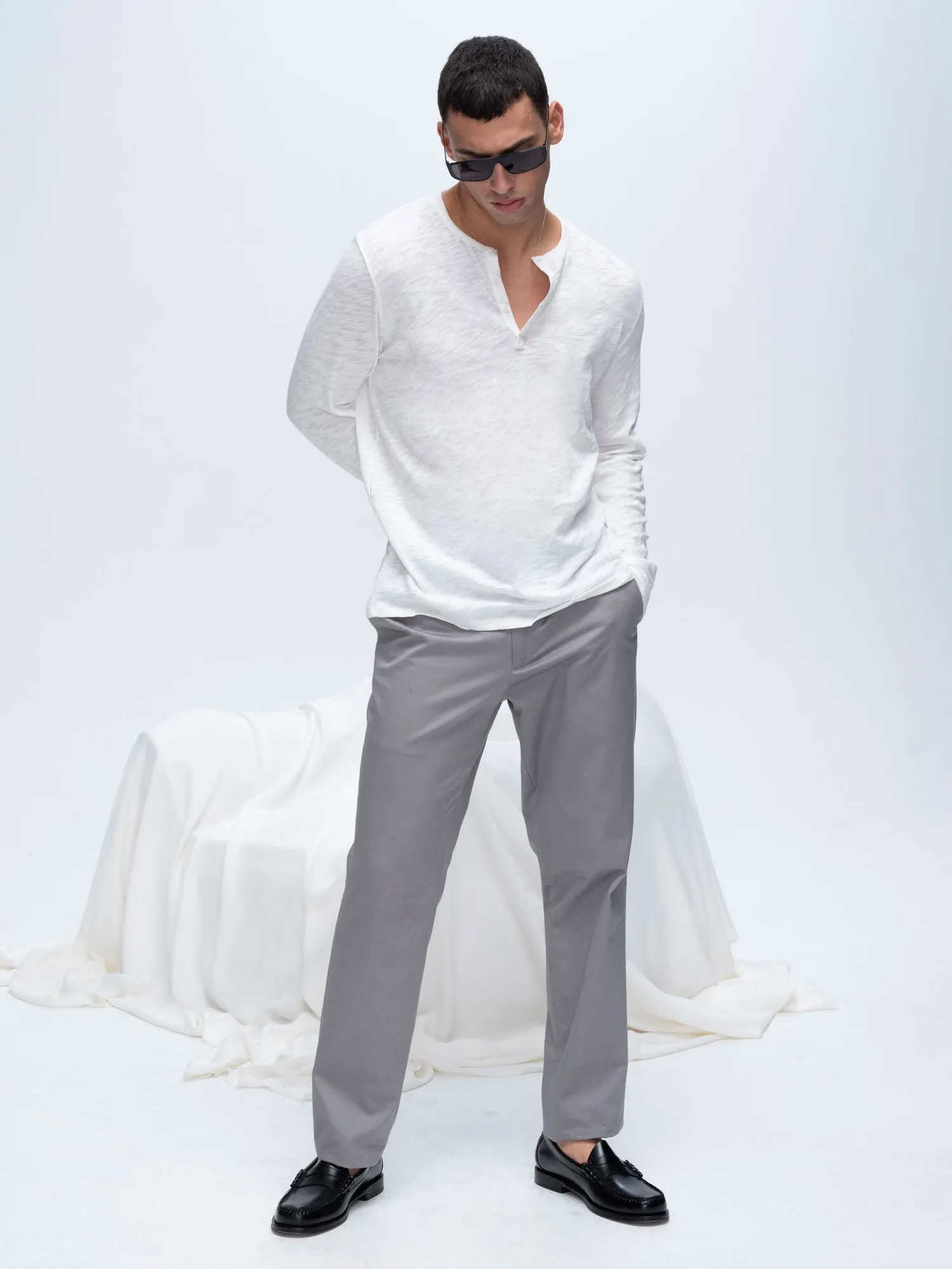 Slub Jersey Destroyed Wash Henley - White Ethically Sourced Cotton TearResistant Fabric