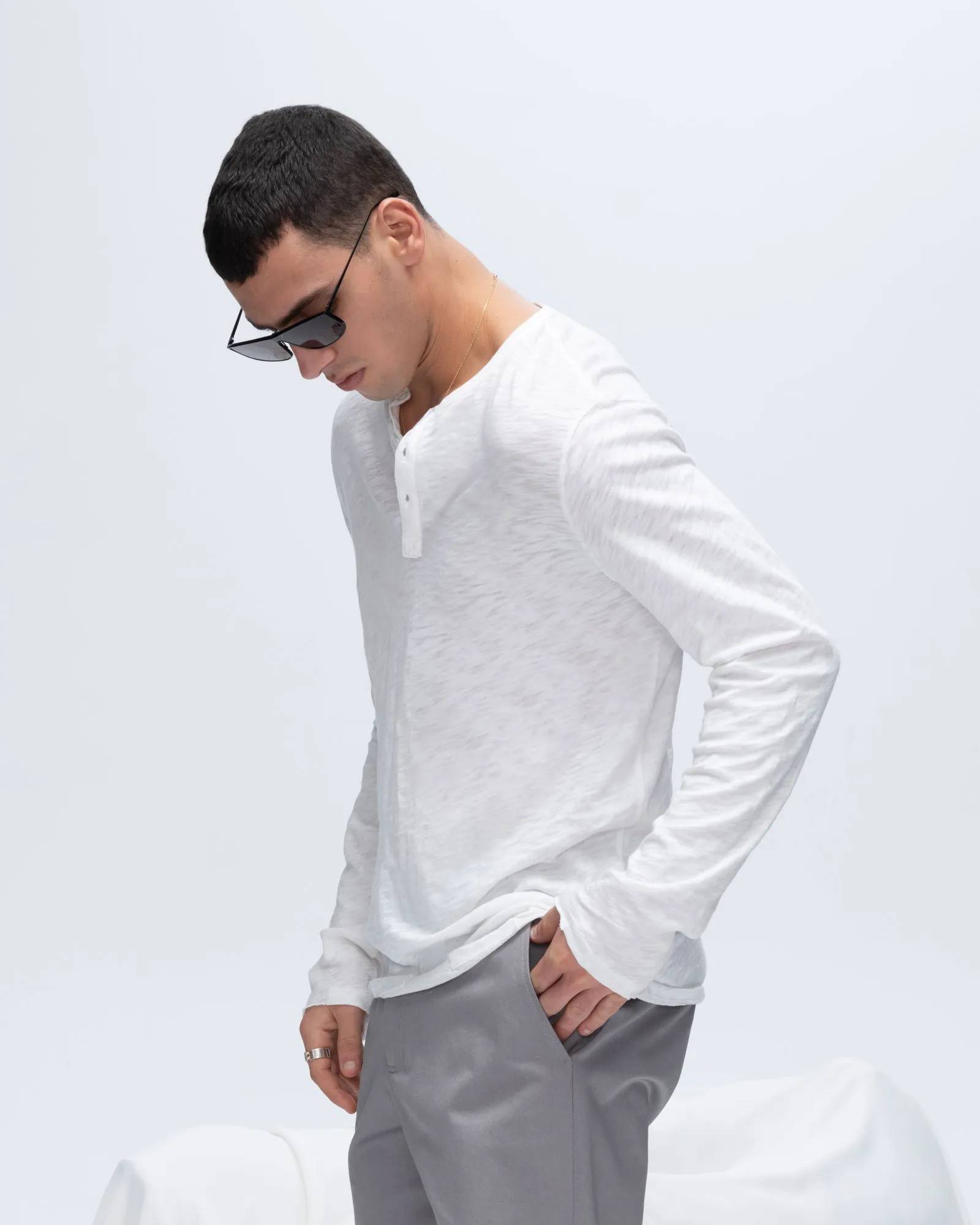 Slub Jersey Destroyed Wash Henley - White Easy Fit Perfectly Fit