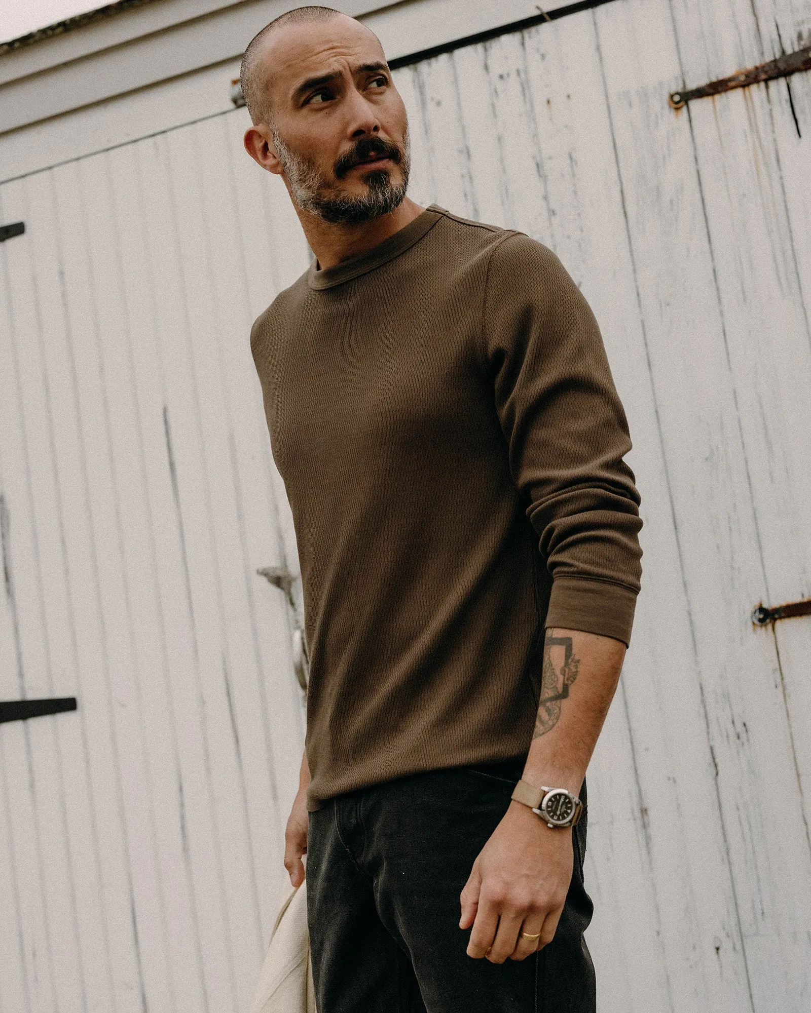 insulated Pre Shrunk Cotton The Organic Cotton Crew in Fatigue Olive Waffle