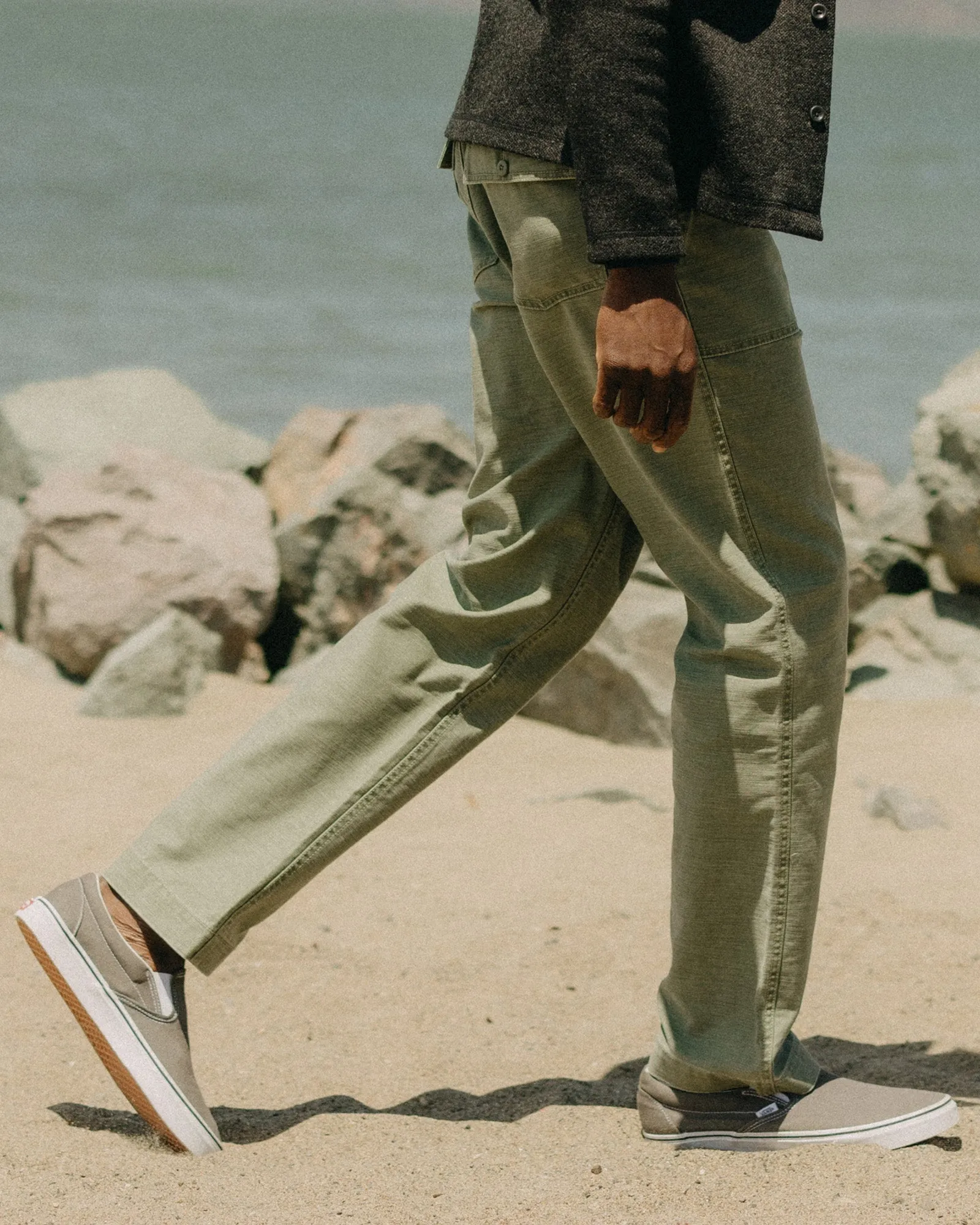 The Surplus Pant in Field Olive Reverse Sateen Blackout fabric Comfy Flex