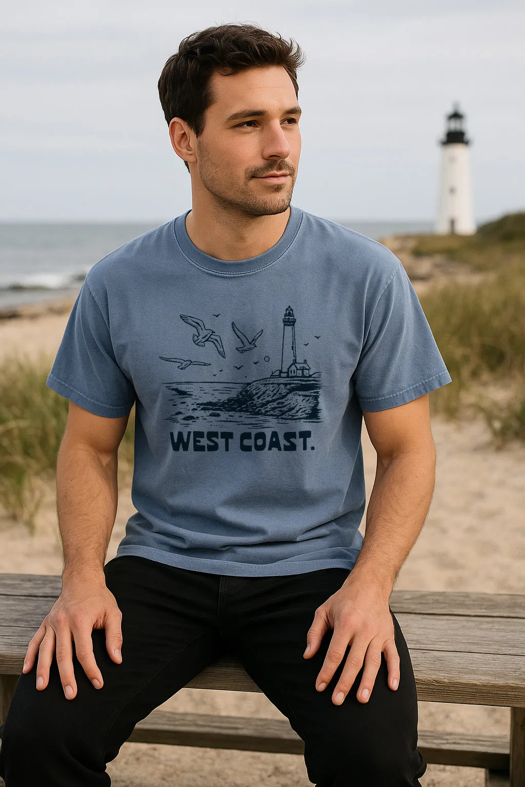 West Coast Lighthouse Tee-Vintage Washed Denim Soft Layer Timeless Appeal