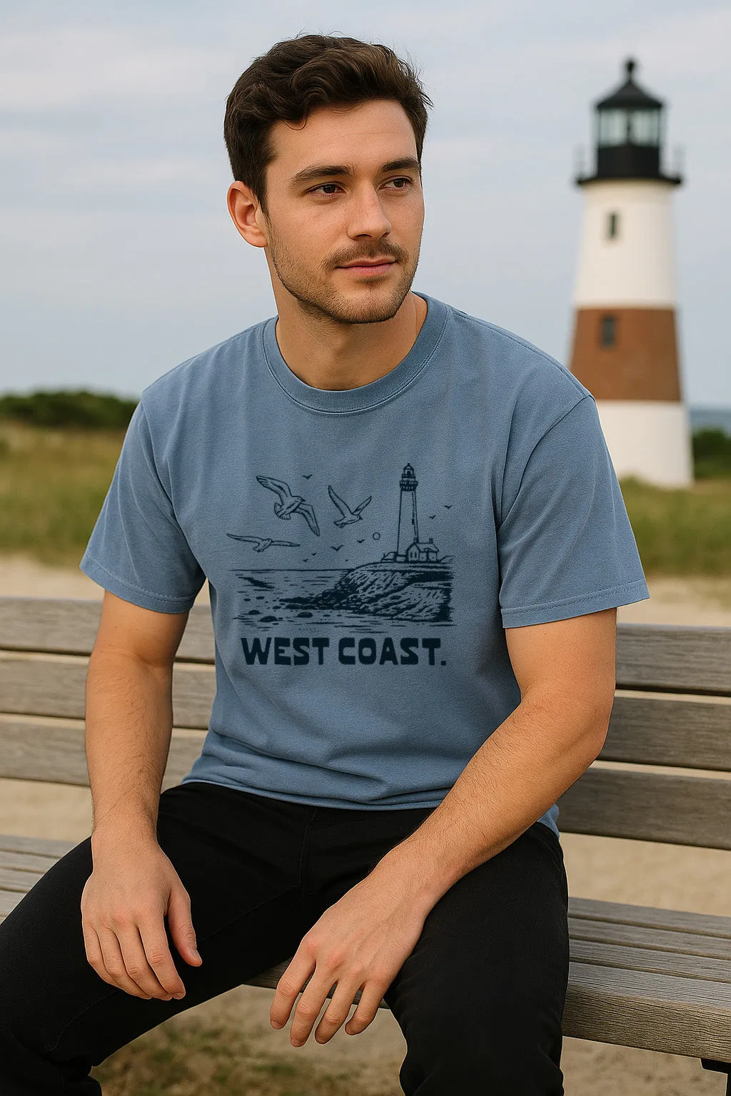 theater visit West Coast Lighthouse Tee-Vintage Washed Denim