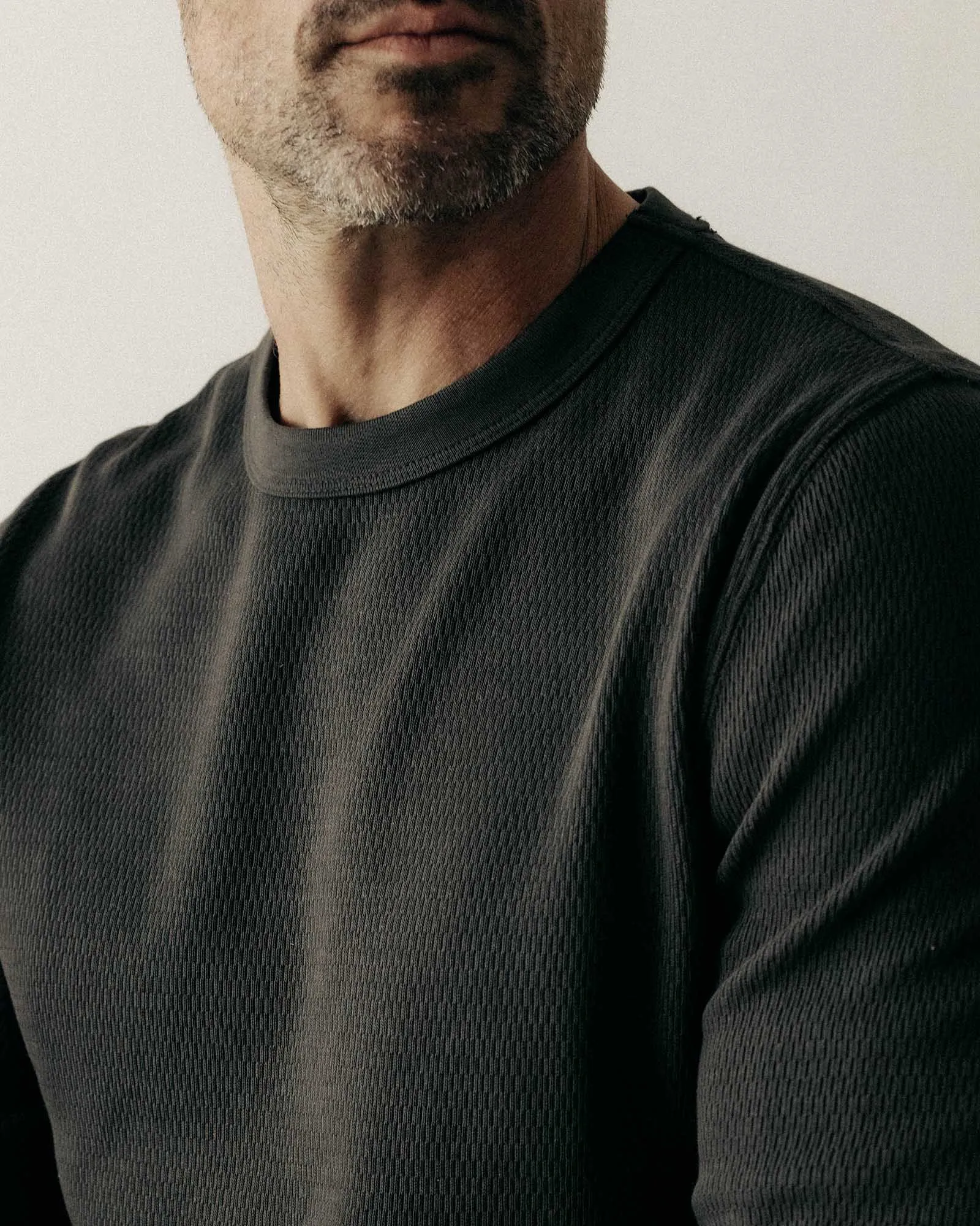 The Organic Cotton Crew in Faded Black Waffle Breathable Style Flexible Cuff Design