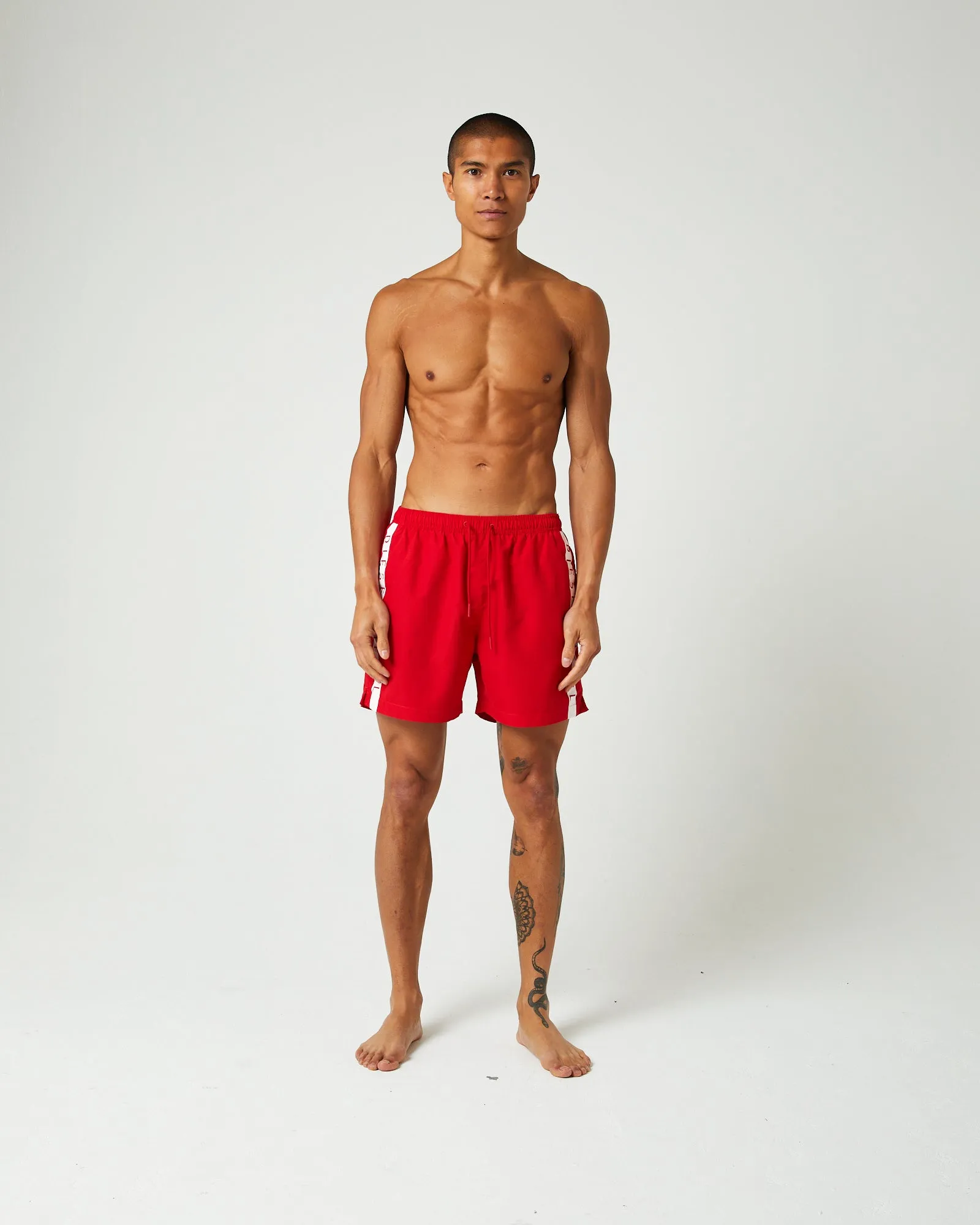 Sleek Waistband Faux Leather Milo Swim Shorts Red / Navy
