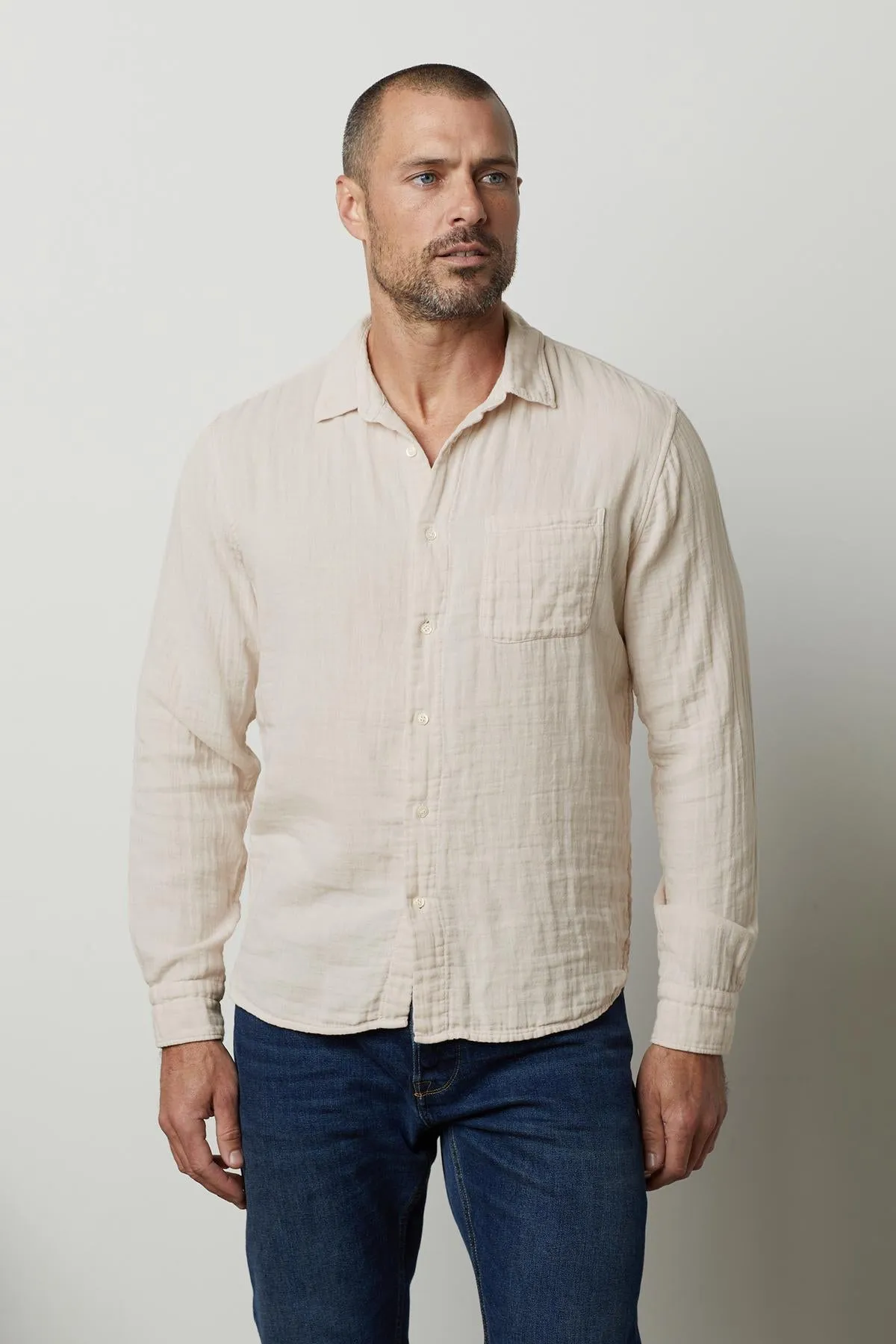 Layered Collar Matte Finish ELTON COTTON GAUZE BUTTON-UP SHIRT