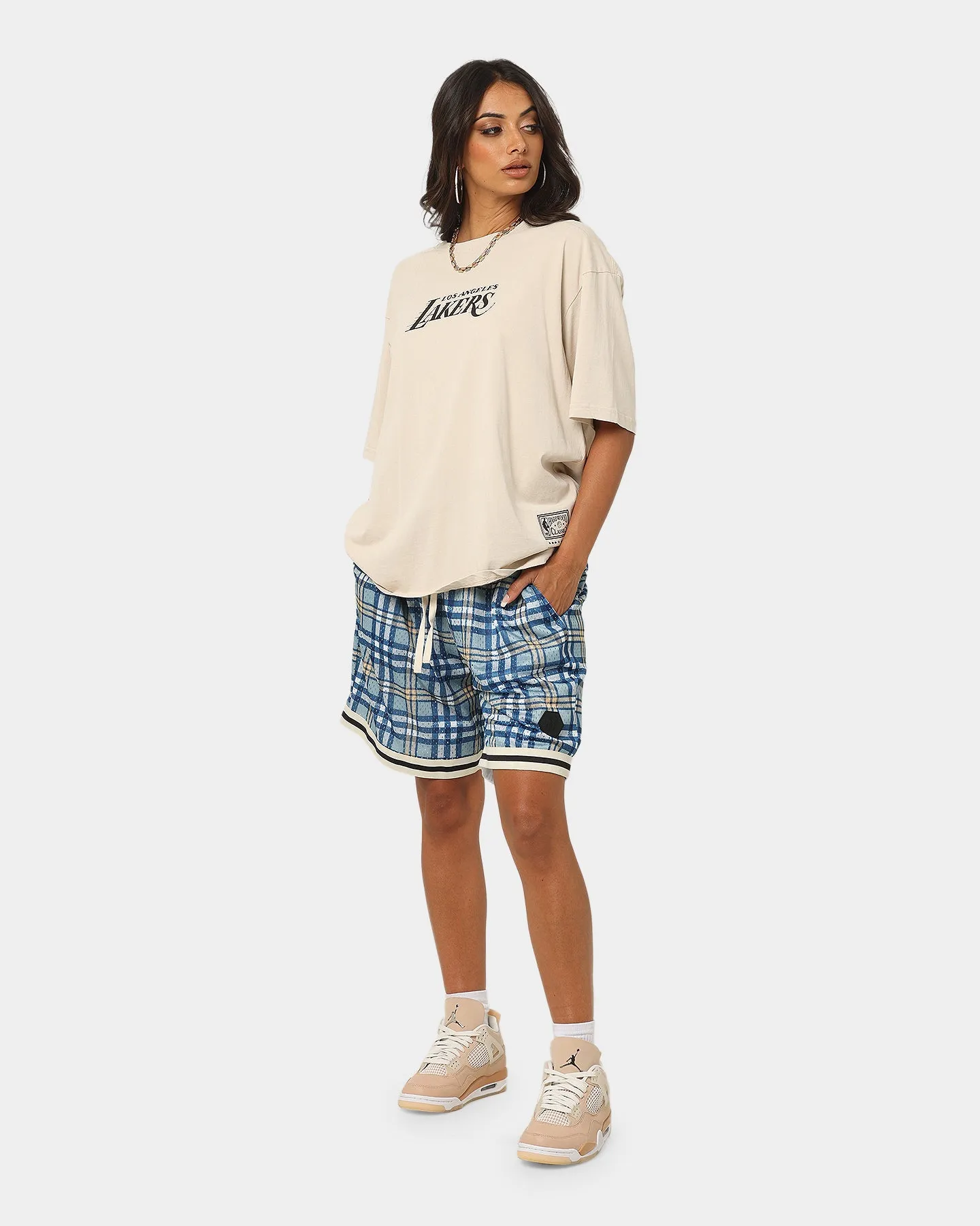 EN ES Team Basketball Shorts Blue Plaid LaserCutEdging