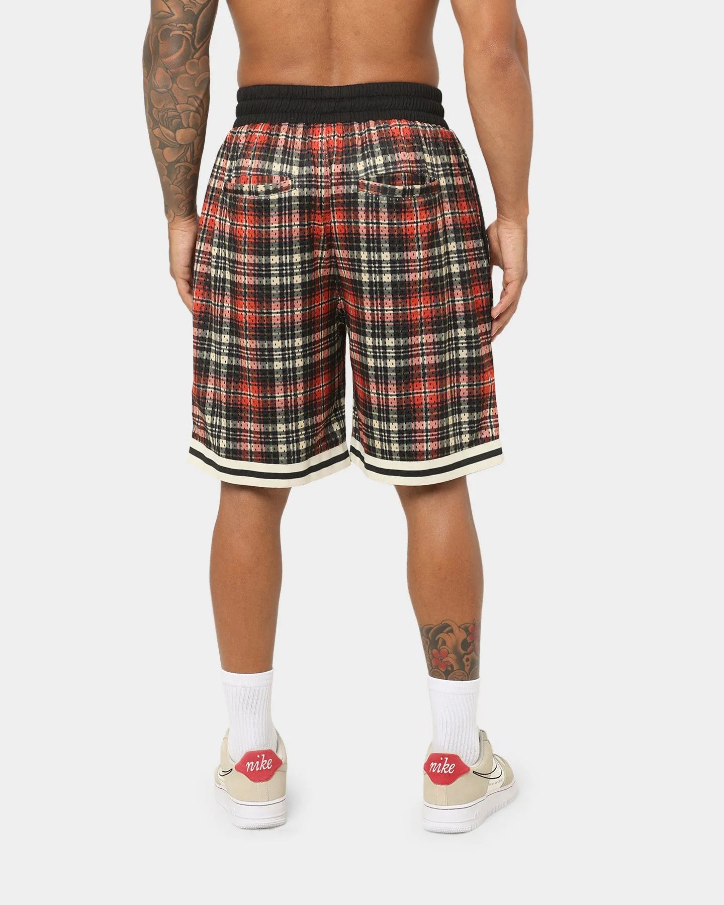 EN ES Team Basketball Shorts Red Plaid Sun Protection Fabric Fade Resistant Material