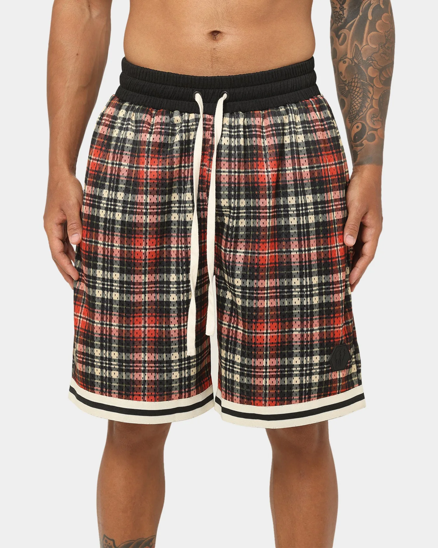EN ES Team Basketball Shorts Red Plaid Abrasion Proof Fabric warm tones