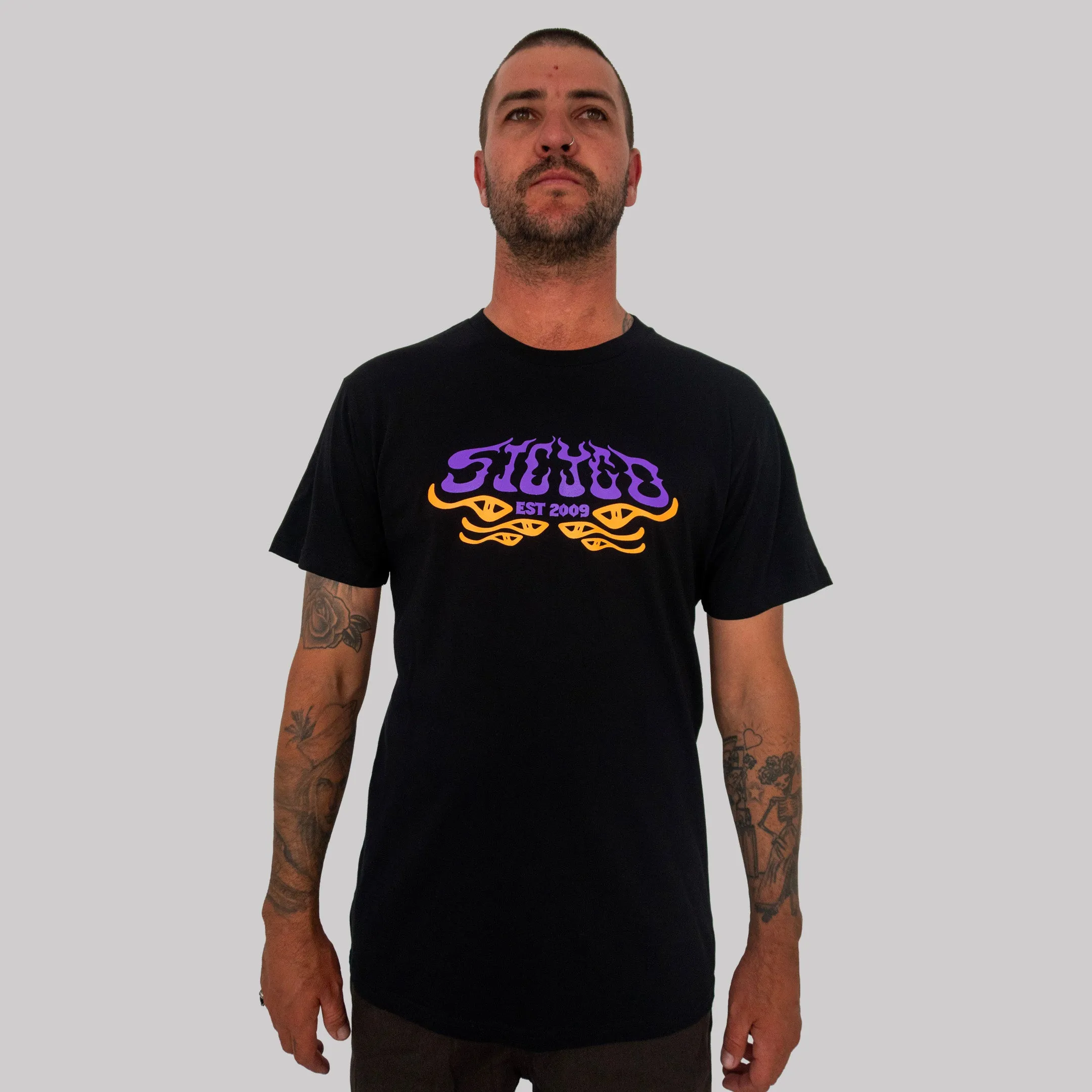IN FLAMES TEE / BLACK  ~ PURPLE Bohemian style Cozy Look Wear