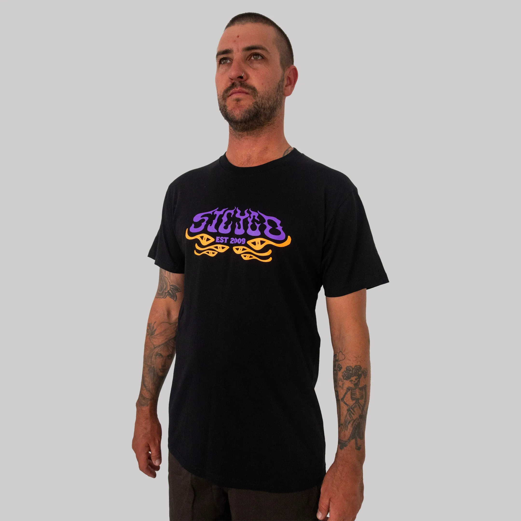 IN FLAMES TEE / BLACK  ~ PURPLE Low Environmental Impact