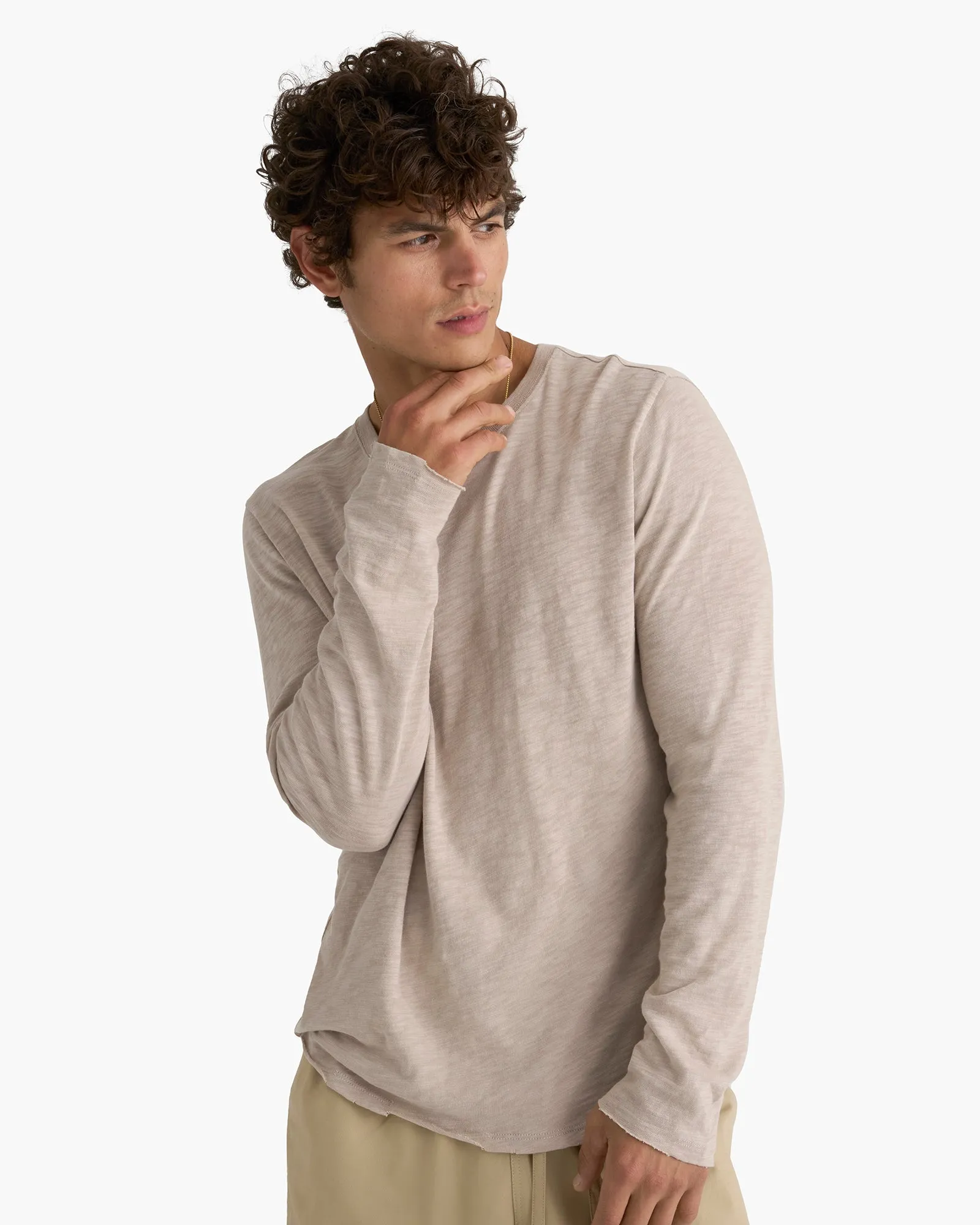 Moisture Management Slub Jersey Long Sleeve Destroyed Wash Tee - French Oak