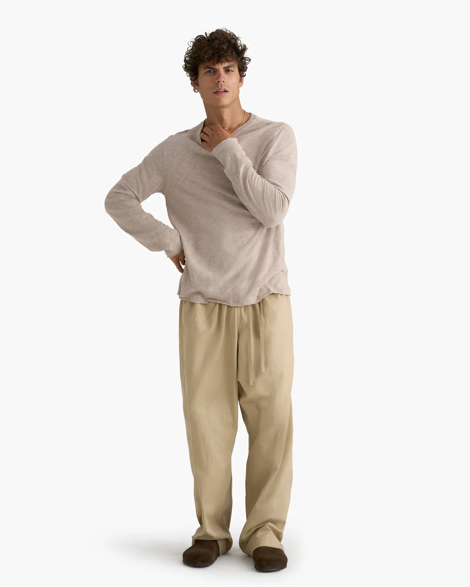 Soft touch finish Slub Jersey Long Sleeve Destroyed Wash Tee - French Oak