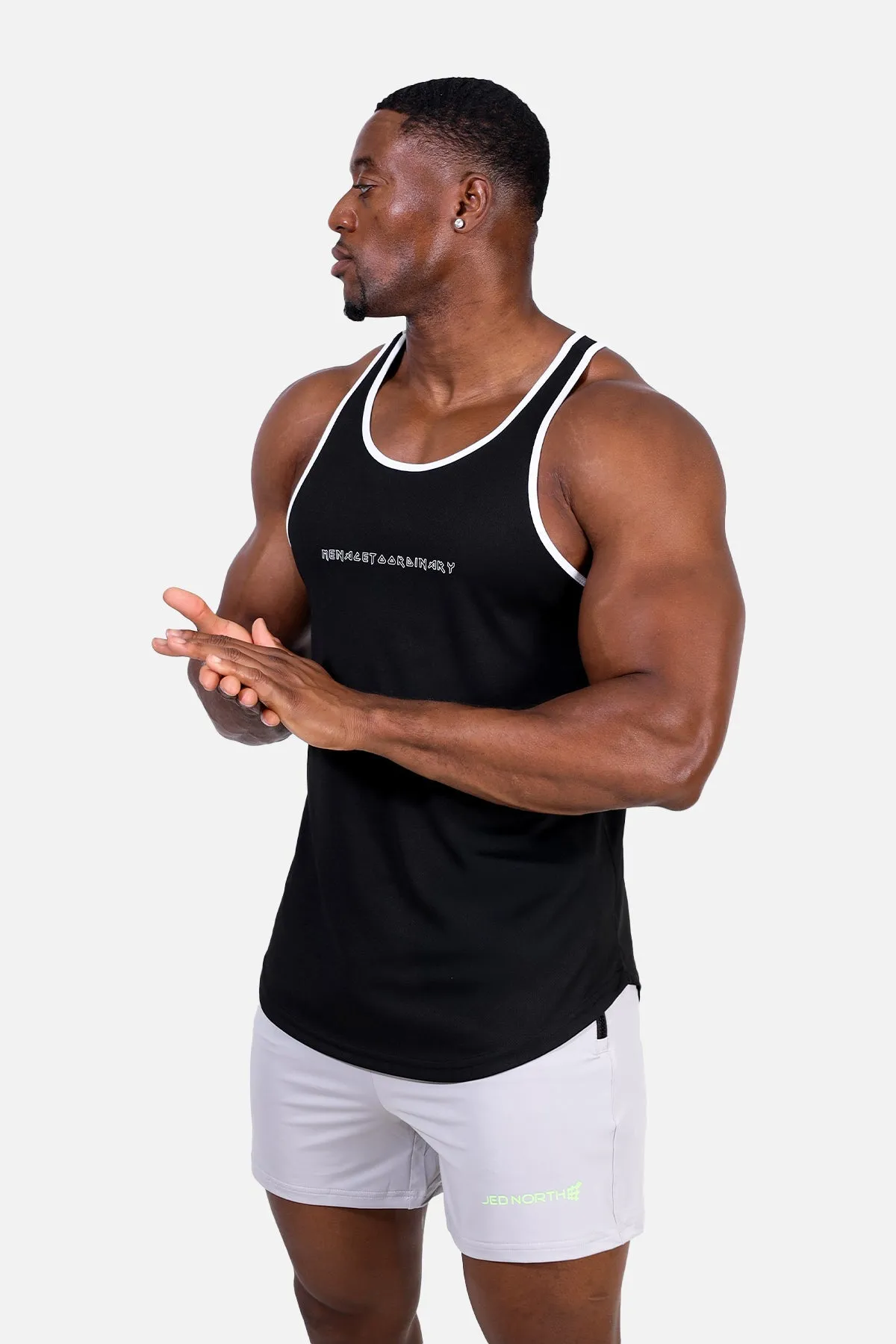 Fast-Dry Bodybuilding Workout Stringer - Black w White Trim WrinkleFree Material Seam Free Technology