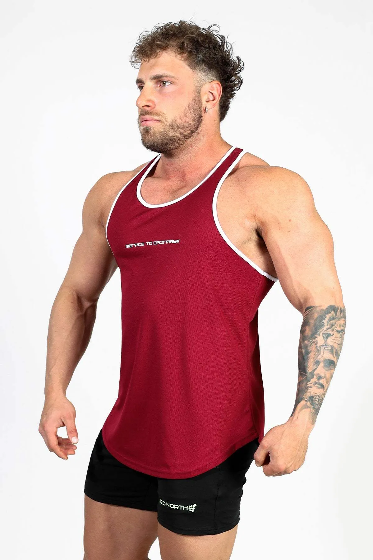 Fast-Dry Bodybuilding Workout Stringer - Maroon & White Advanced Moisture Management