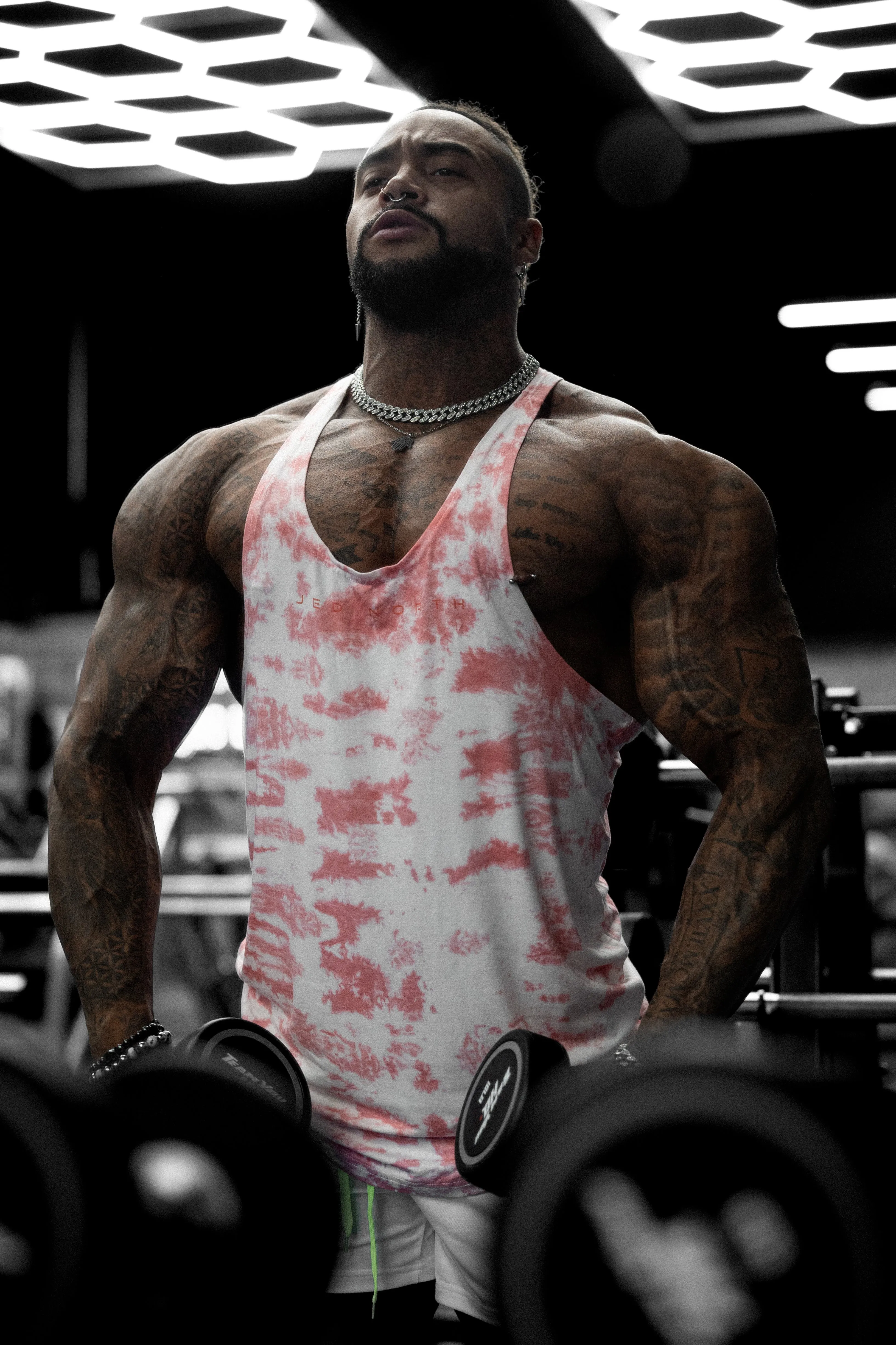 Classic Bodybuilding Racerback Stringer - Red Tie Dye Compact Sweat Wicking Ribbing