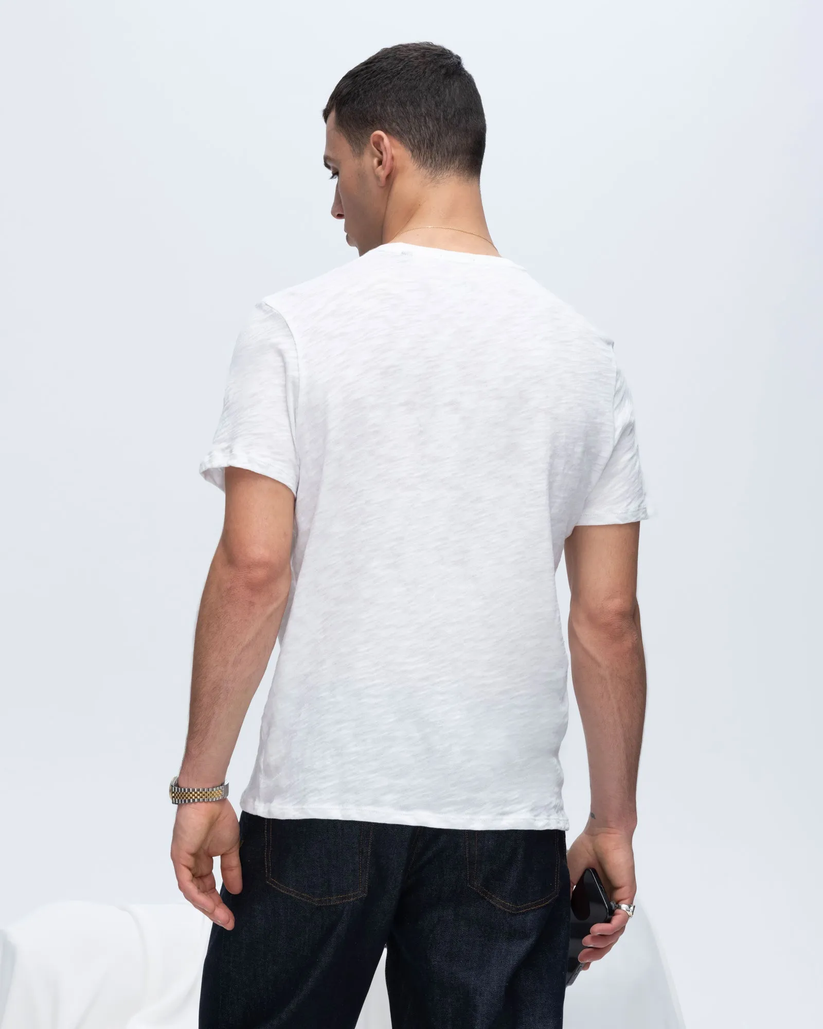 Washable fabric Slub Jersey Crew Neck Tee - White