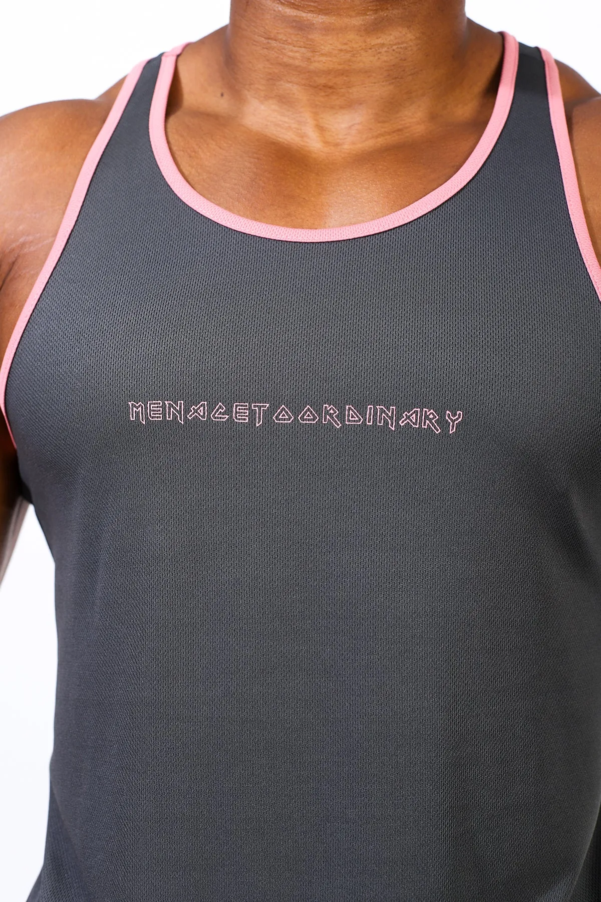 Fast-Dry Bodybuilding Workout Stringer - Gray w Pink Motion Enhanced non - magnetic