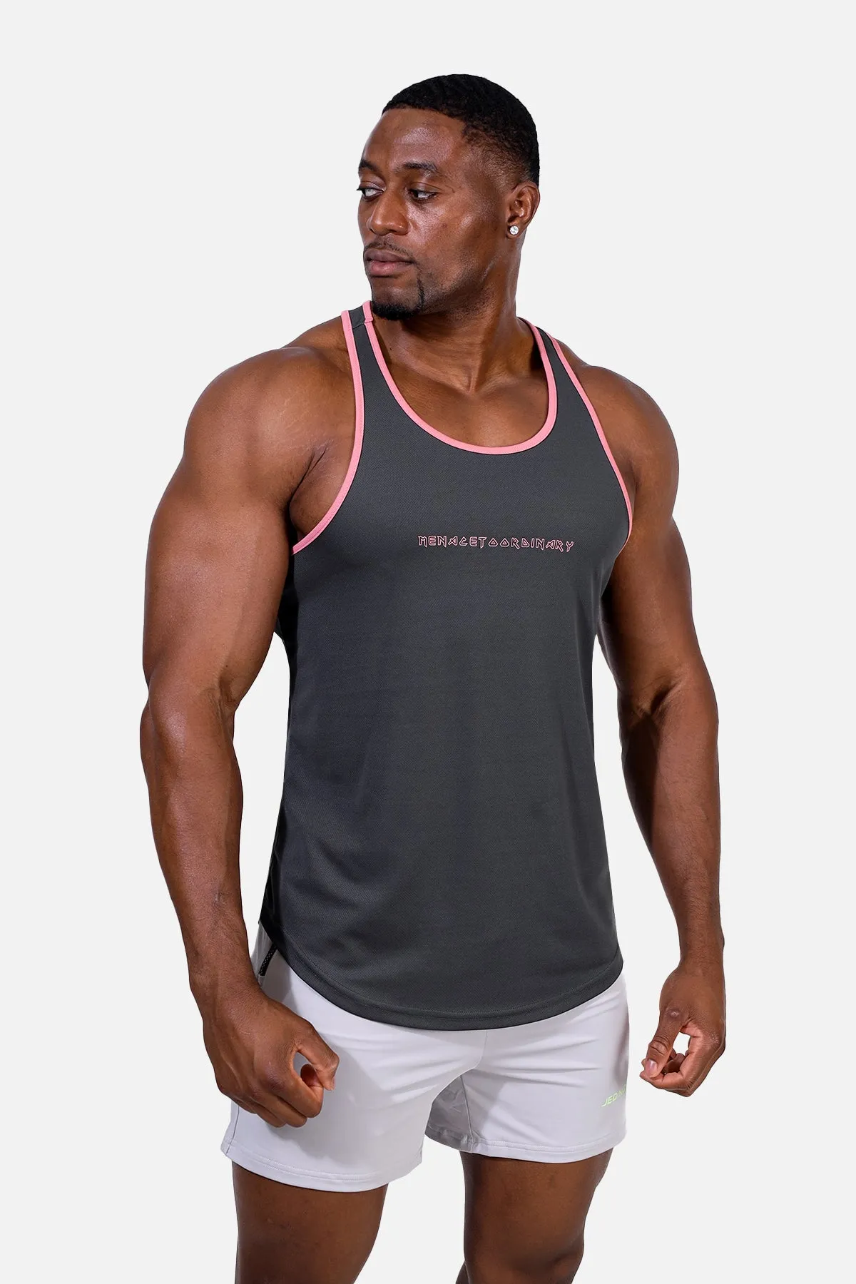 Fast-Dry Bodybuilding Workout Stringer - Gray w Pink Adjustable Drawstrings Reconfigurable