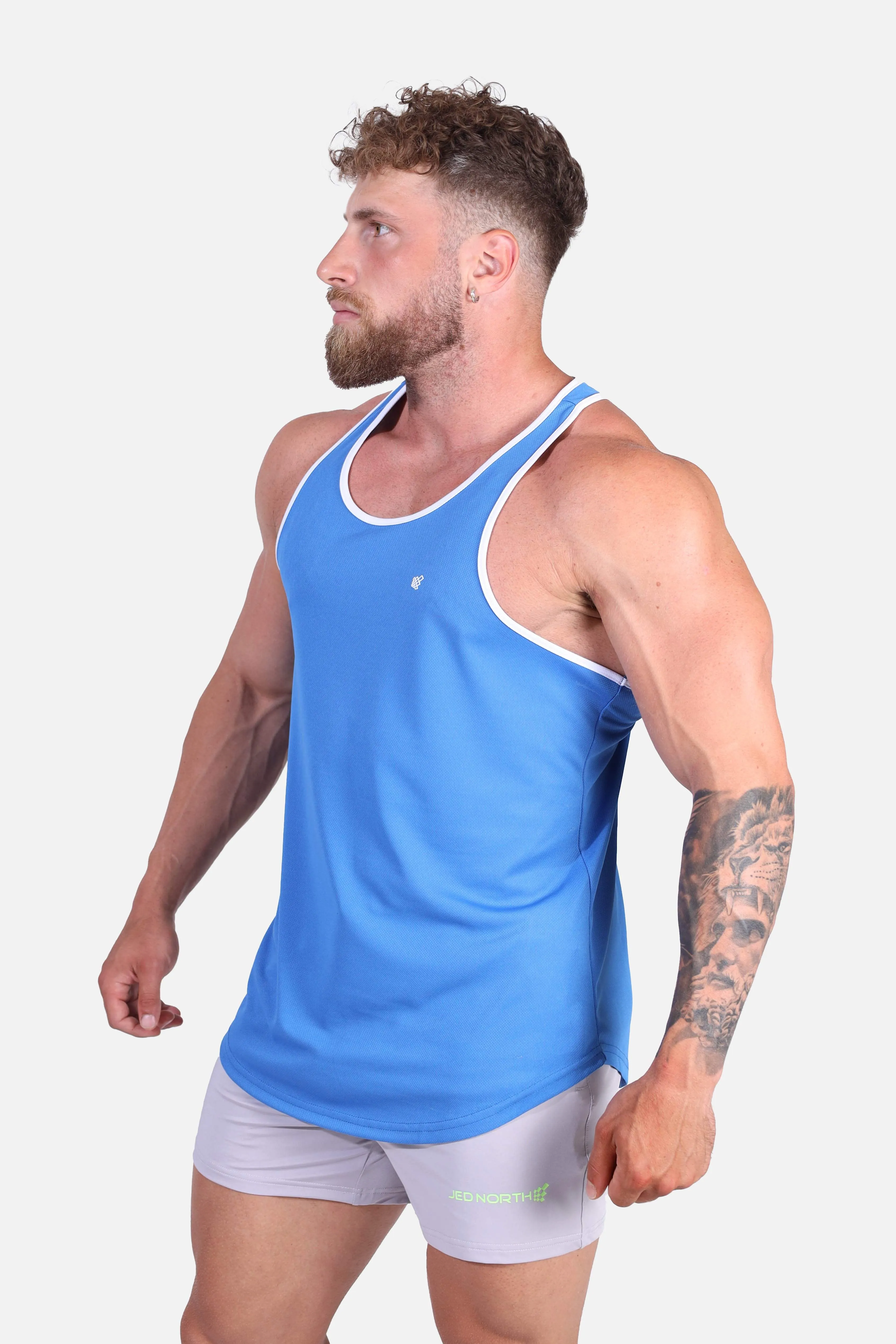 Fast-Dry Bodybuilding Workout Stringer - Blue with White Minimalist Styling